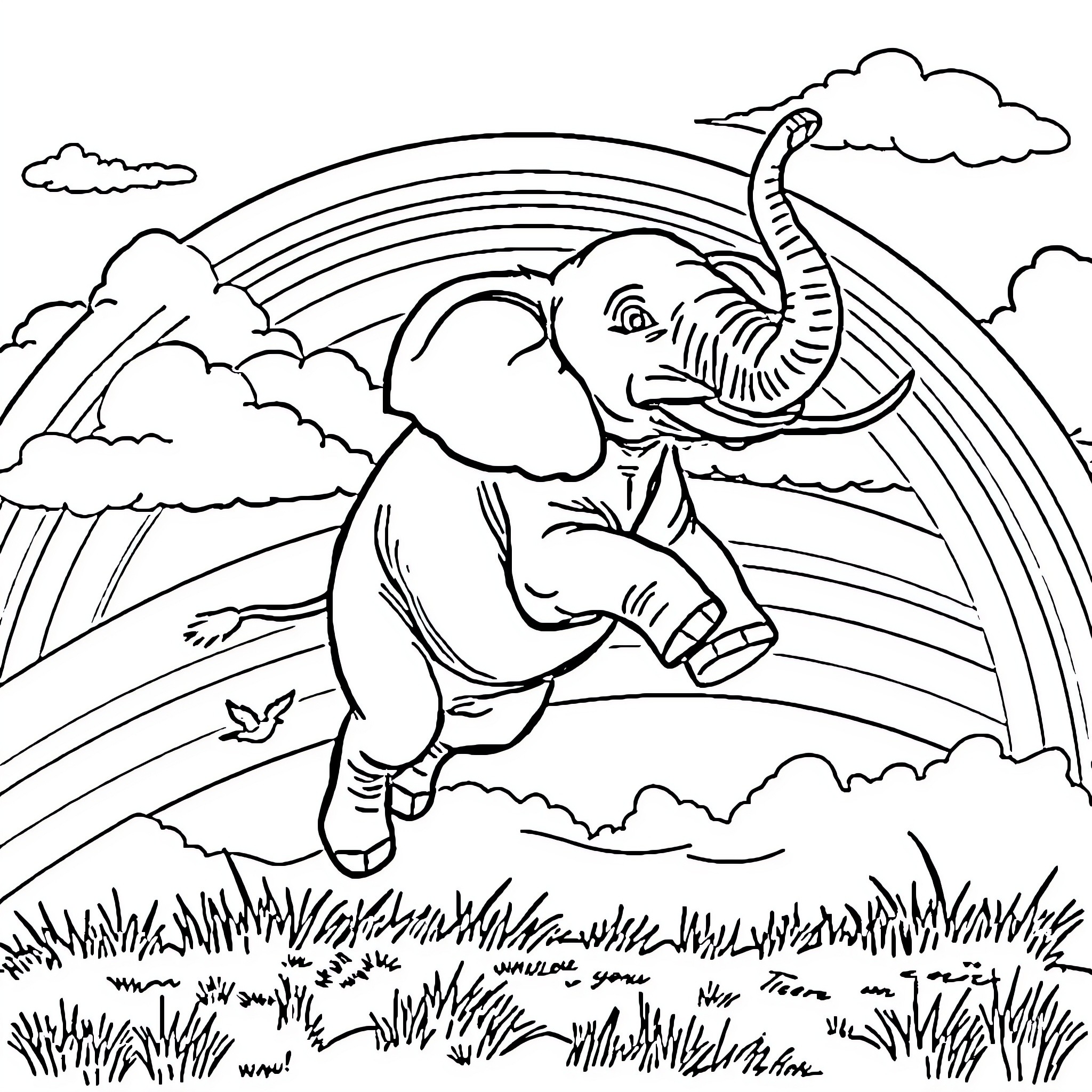 Elephant playing joyfully in the meadow Coloring Page (free black-and-white line drawing printable PDF for all, from beginners to advanced learners, including children, teens, adults, and seniors)