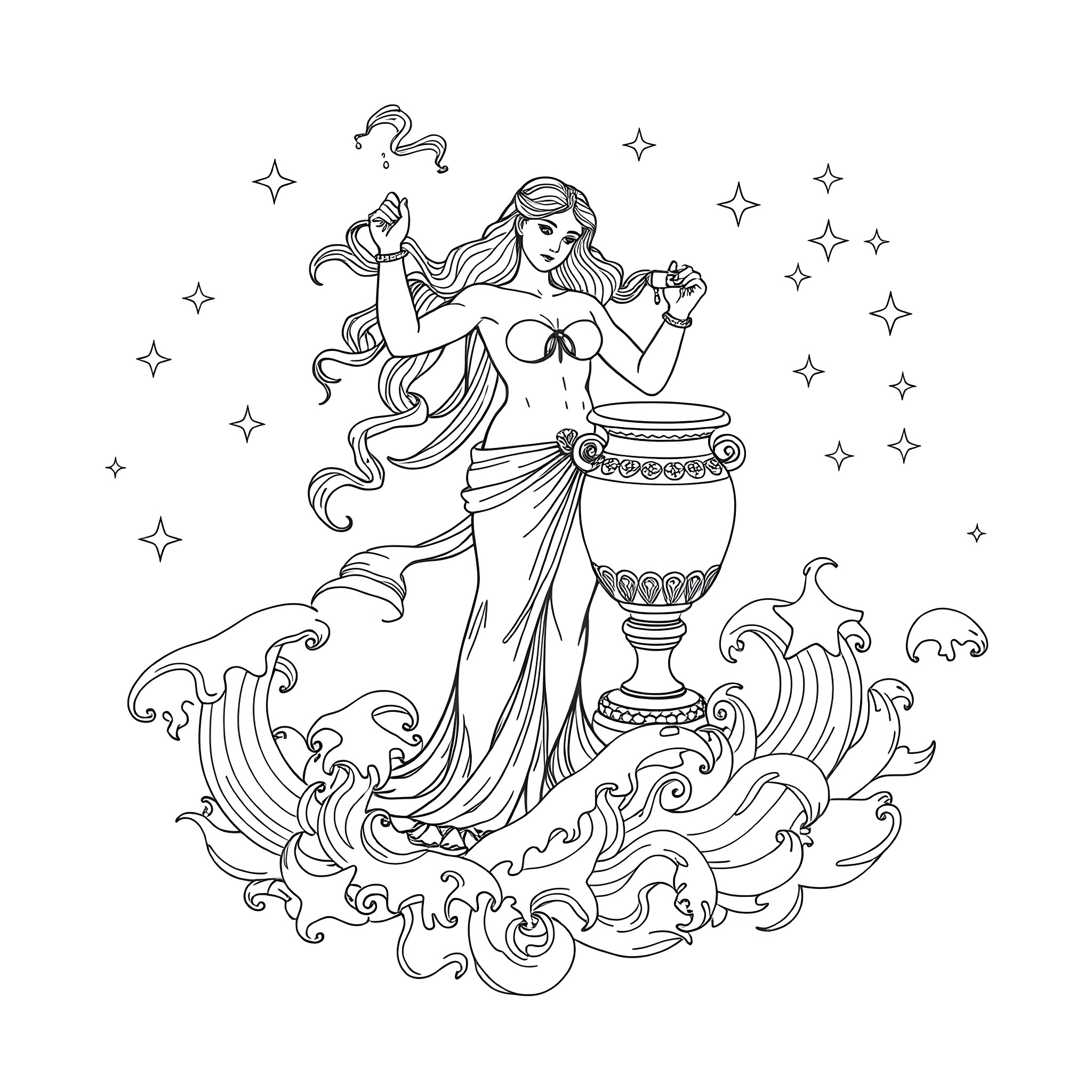 Aquarius astrological symbol with celestial elements Coloring Page (free black-and-white line drawing printable PDF for all, from beginners to advanced learners, including children, teens, adults, and seniors)