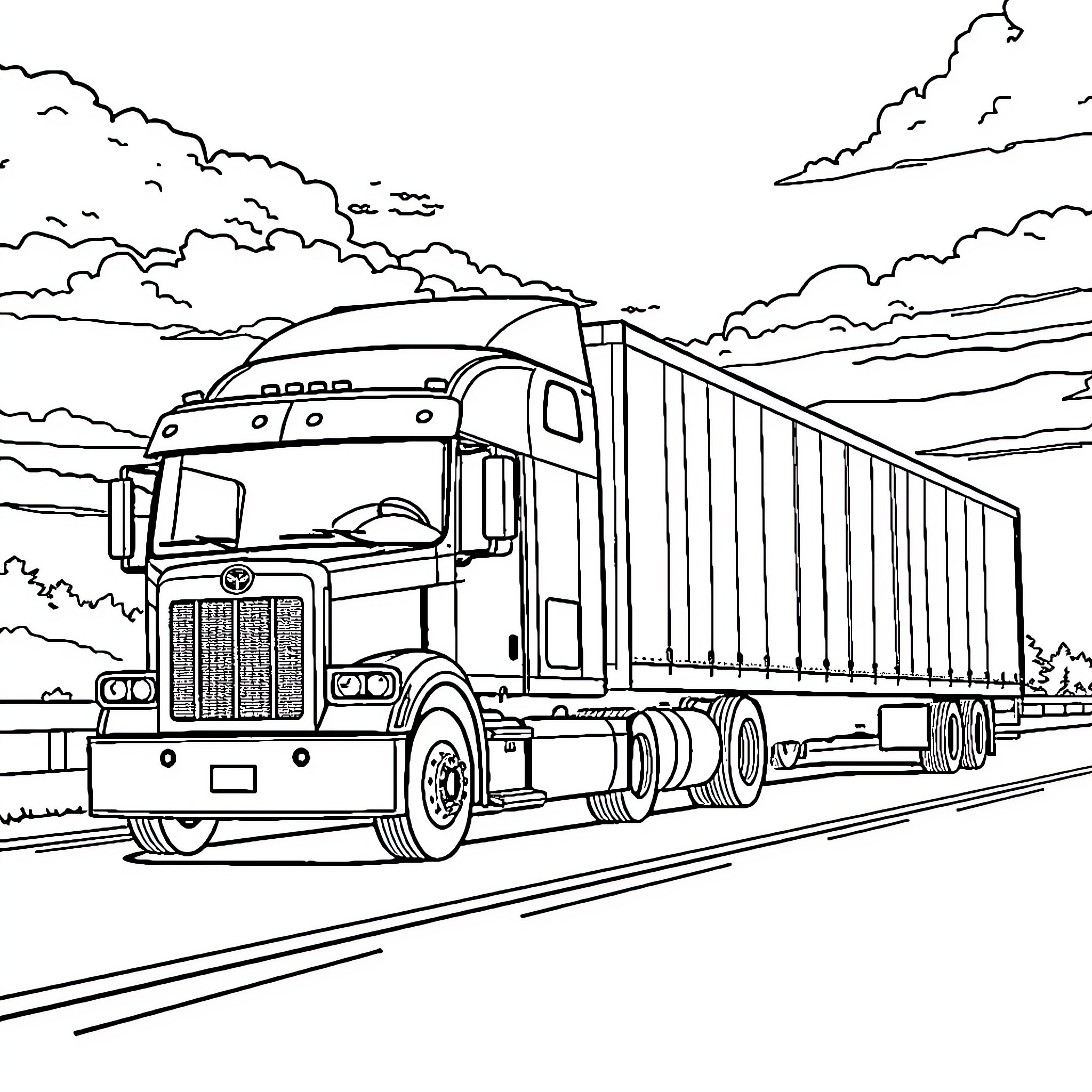 Semi Truck Transporting Goods on Scenic Highway Coloring Page (free black-and-white line drawing printable PDF for all, from beginners to advanced learners, including children, teens, adults, and seniors)