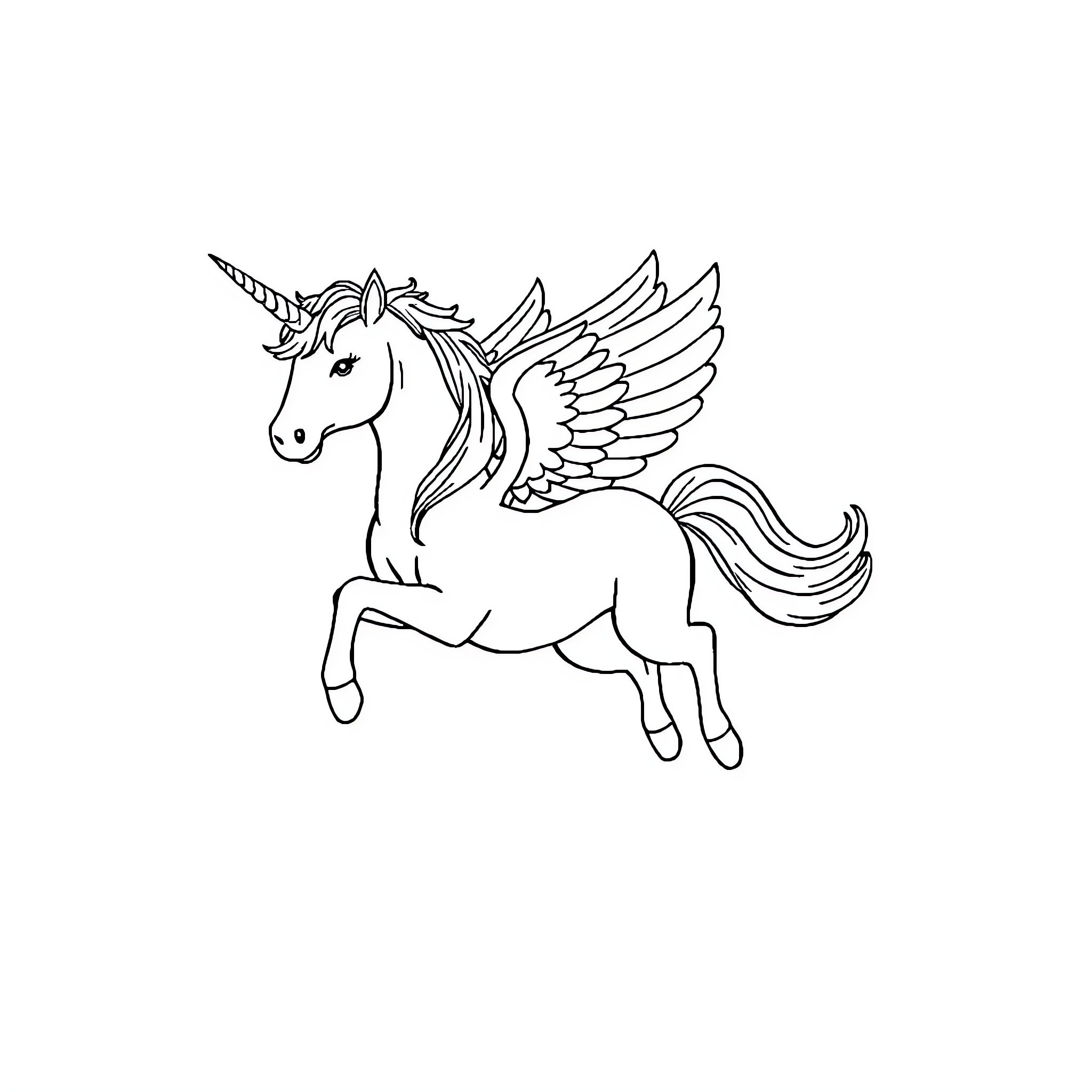 Unicorn soaring majestically with wings outspread Coloring Page (free black-and-white line drawing printable PDF for all, from beginners to advanced learners, including children, teens, adults, and seniors)