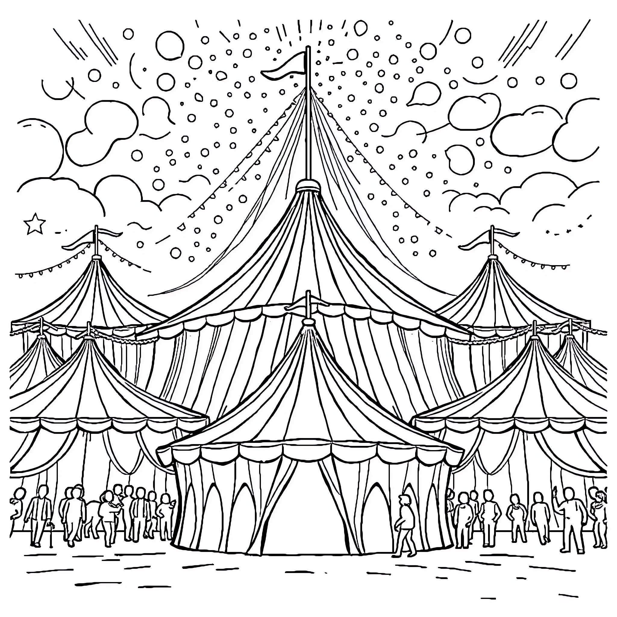 Circus of Fantastical Wonders and Spectacle Coloring Page (free black-and-white line drawing printable PDF for all, from beginners to advanced learners, including children, teens, adults, and seniors)
