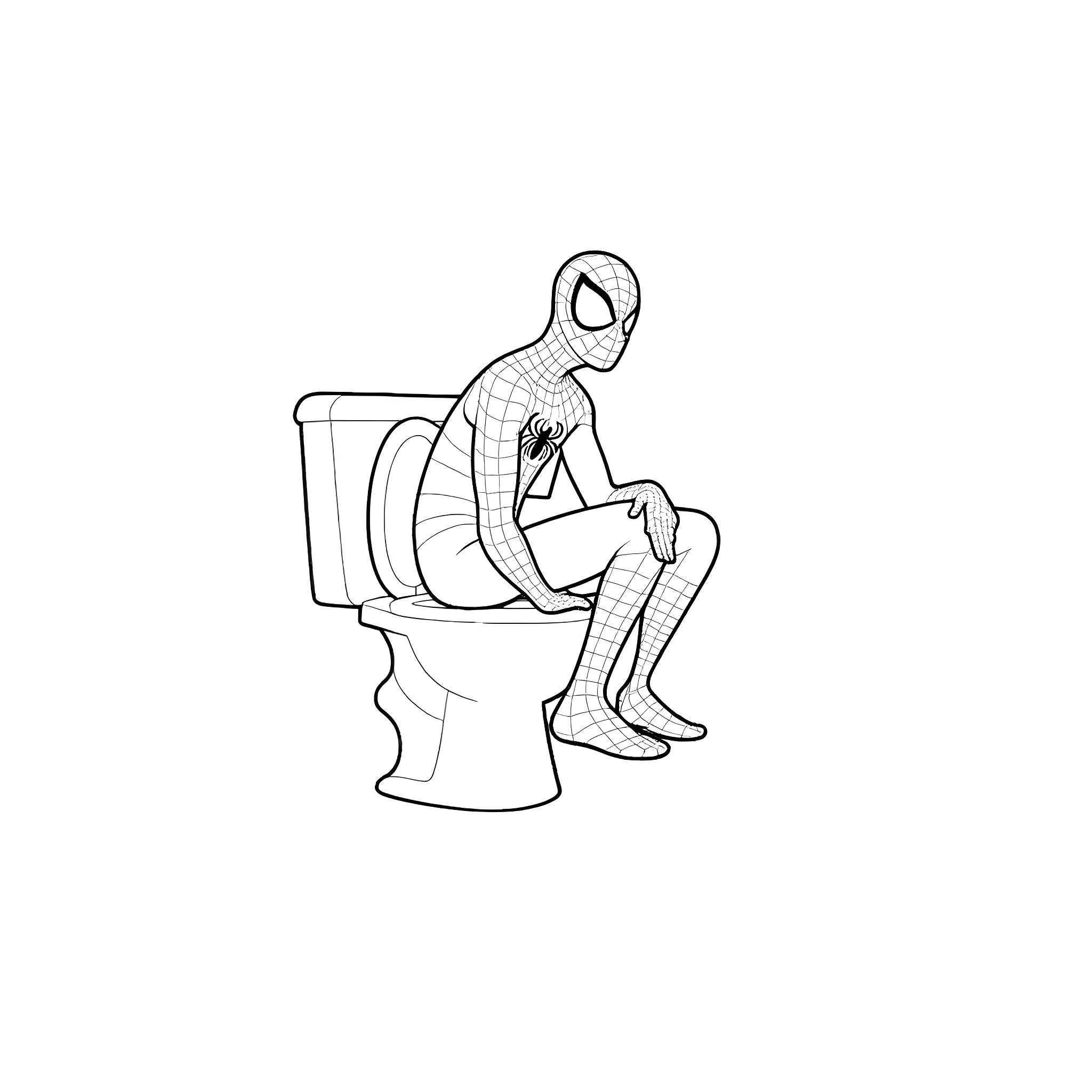 Spiderman sitting on a toilet Coloring Page (free black-and-white line drawing printable PDF for all, from beginners to advanced learners, including children, teens, adults, and seniors)