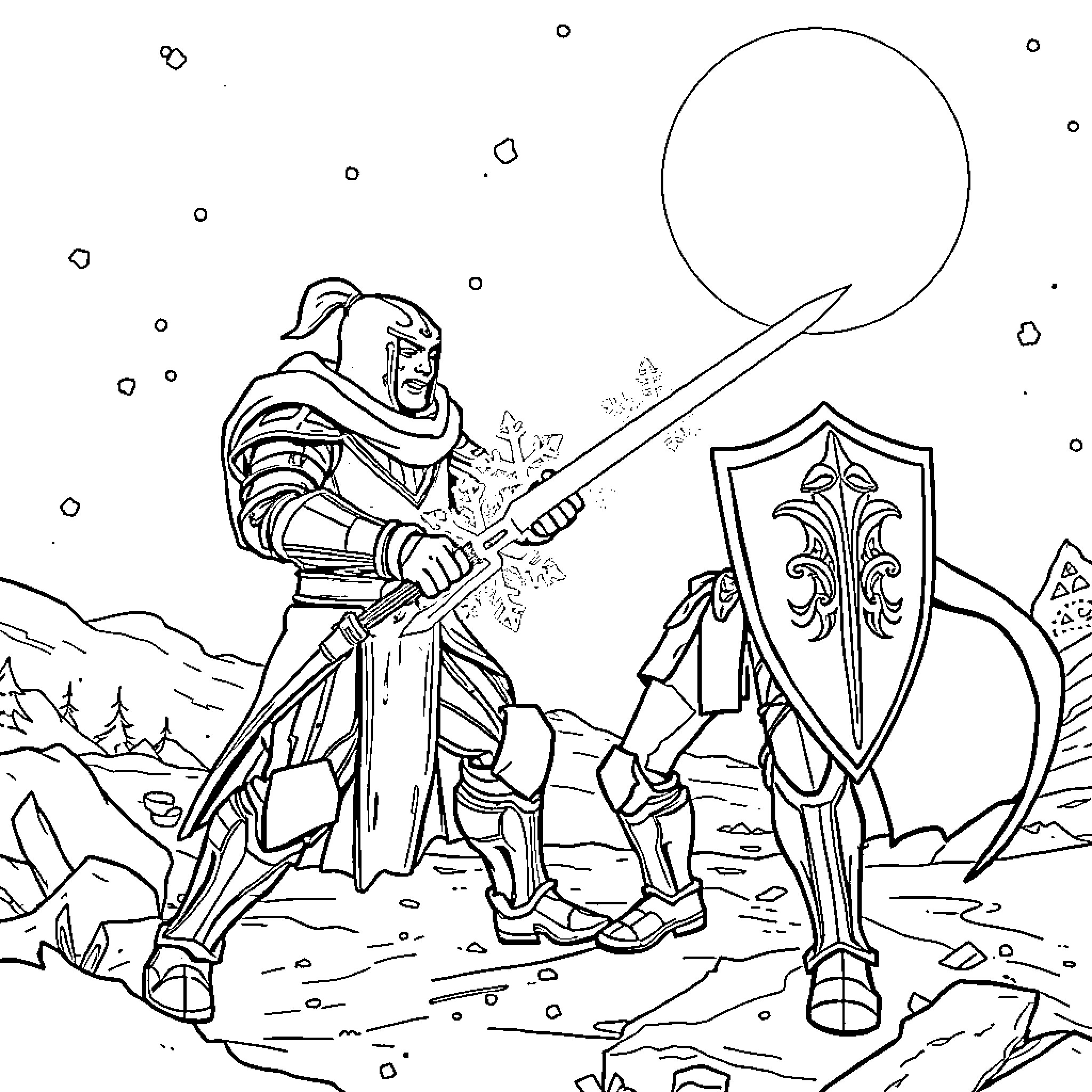 Sub Zero Knight Battling with Sword and Shield Coloring Page (free black-and-white line drawing printable PDF for all, from beginners to advanced learners, including children, teens, adults, and seniors)
