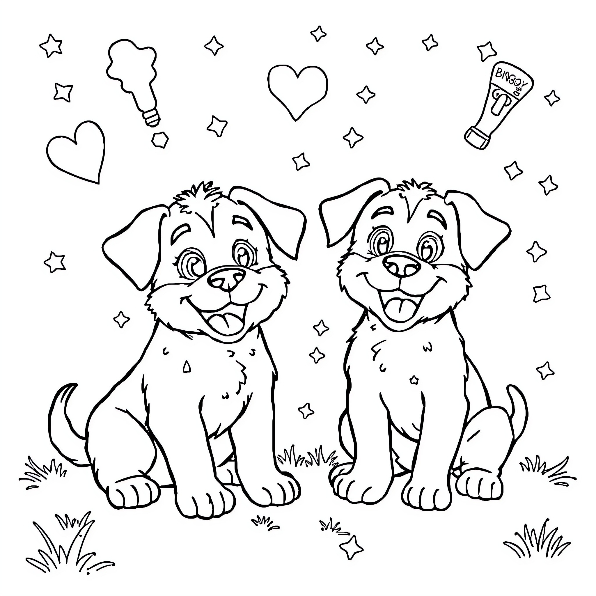 Bluey and her puppy friend playing happily together Coloring Page (free black-and-white line drawing printable PDF for all, from beginners to advanced learners, including children, teens, adults, and seniors)