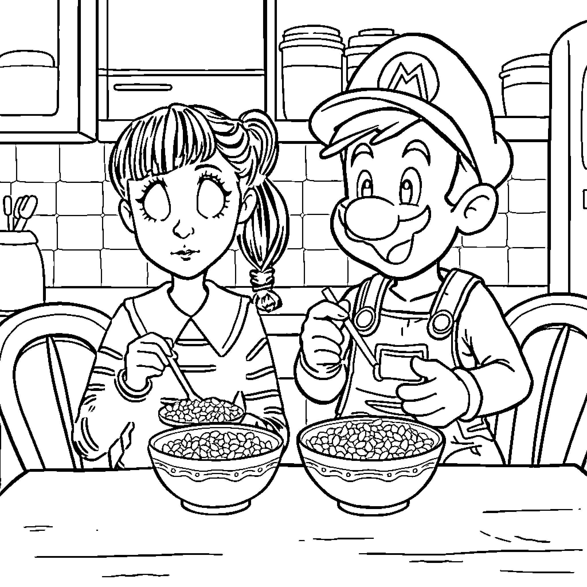 Kid Enjoying Snacks with Friend in Kitchen Coloring Page (free black-and-white line drawing printable PDF for all, from beginners to advanced learners, including children, teens, adults, and seniors)