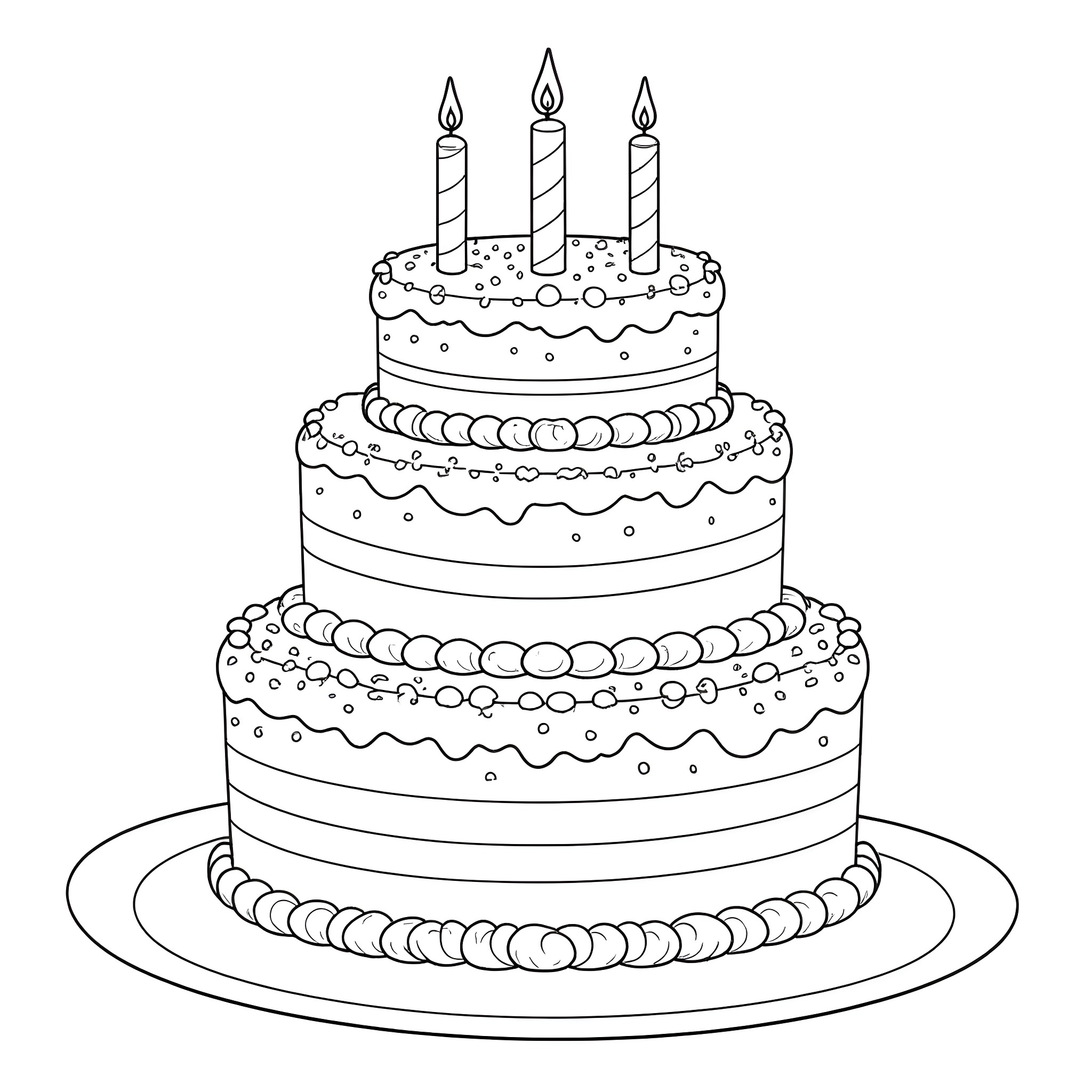 Birthday Cake with Lit Candles Coloring Page (free black-and-white line drawing printable PDF for all, from beginners to advanced learners, including children, teens, adults, and seniors)