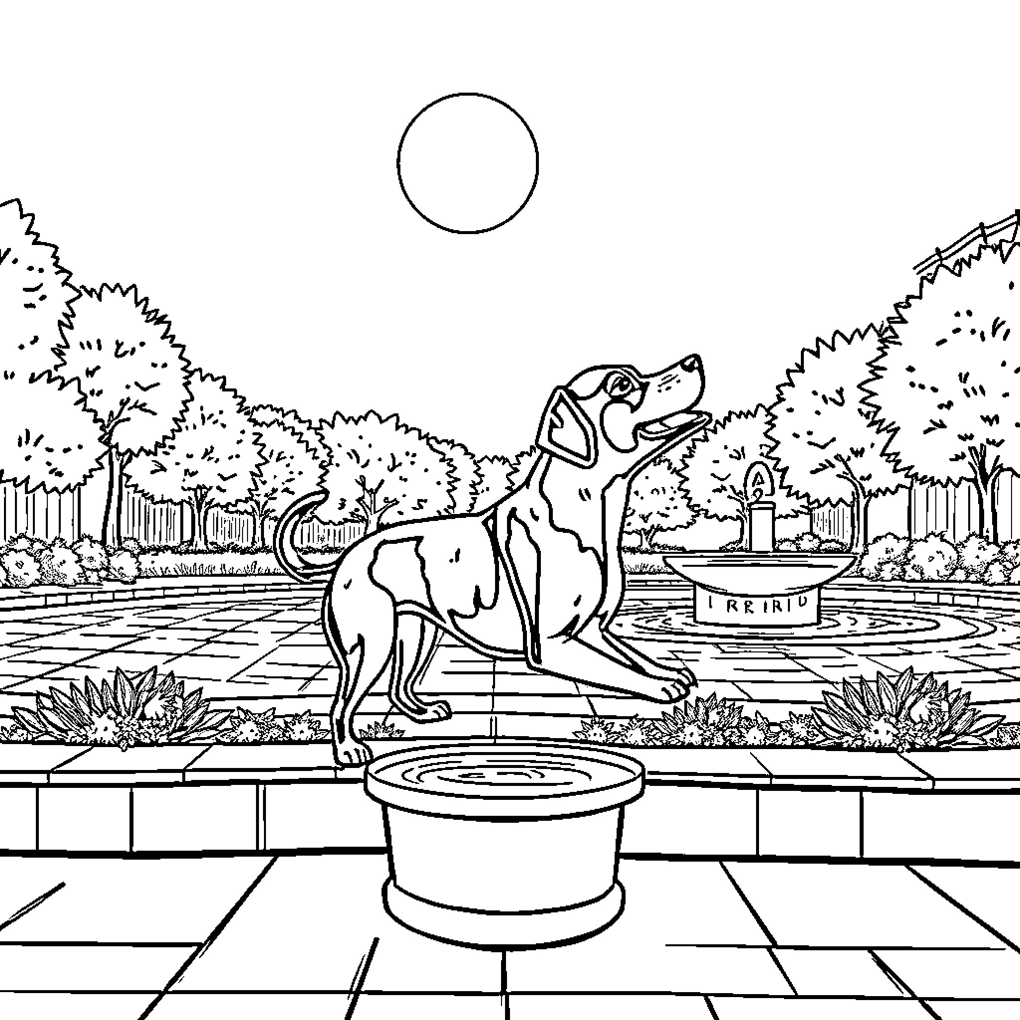 Perro standing proudly in a serene garden Coloring Page (free black-and-white line drawing printable PDF for all, from beginners to advanced learners, including children, teens, adults, and seniors)