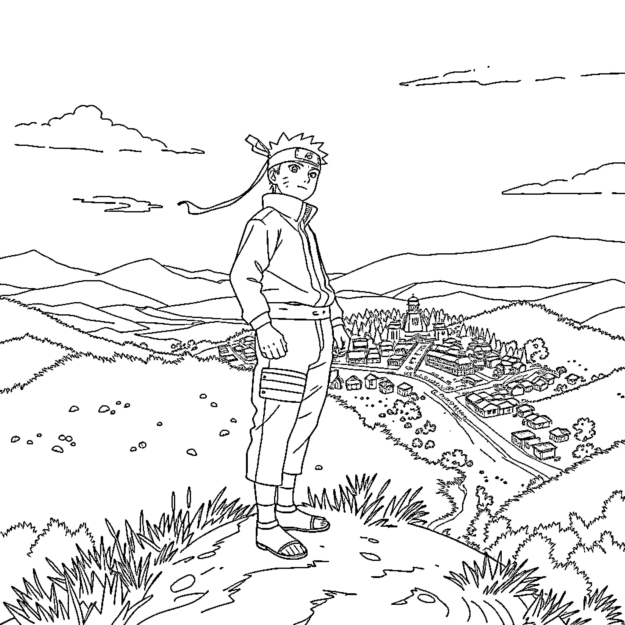 Naruto overlooking the Hidden Leaf Village landscape Coloring Page (free black-and-white line drawing printable PDF for all, from beginners to advanced learners, including children, teens, adults, and seniors)