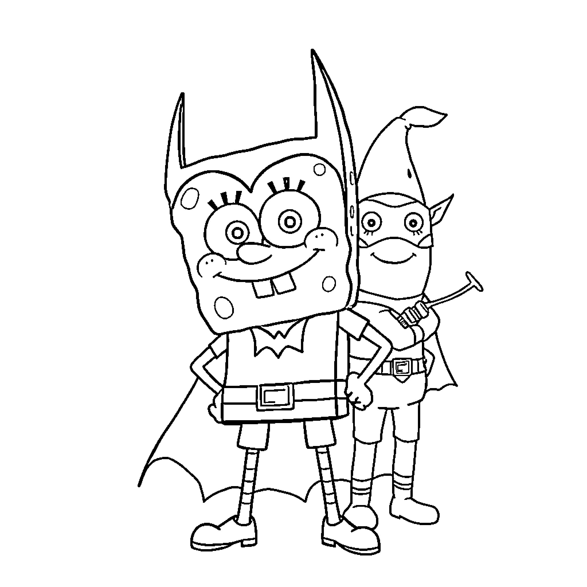 Spongebob and Patrick in silly costumes Coloring Page (free black-and-white line drawing printable PDF for all, from beginners to advanced learners, including children, teens, adults, and seniors)