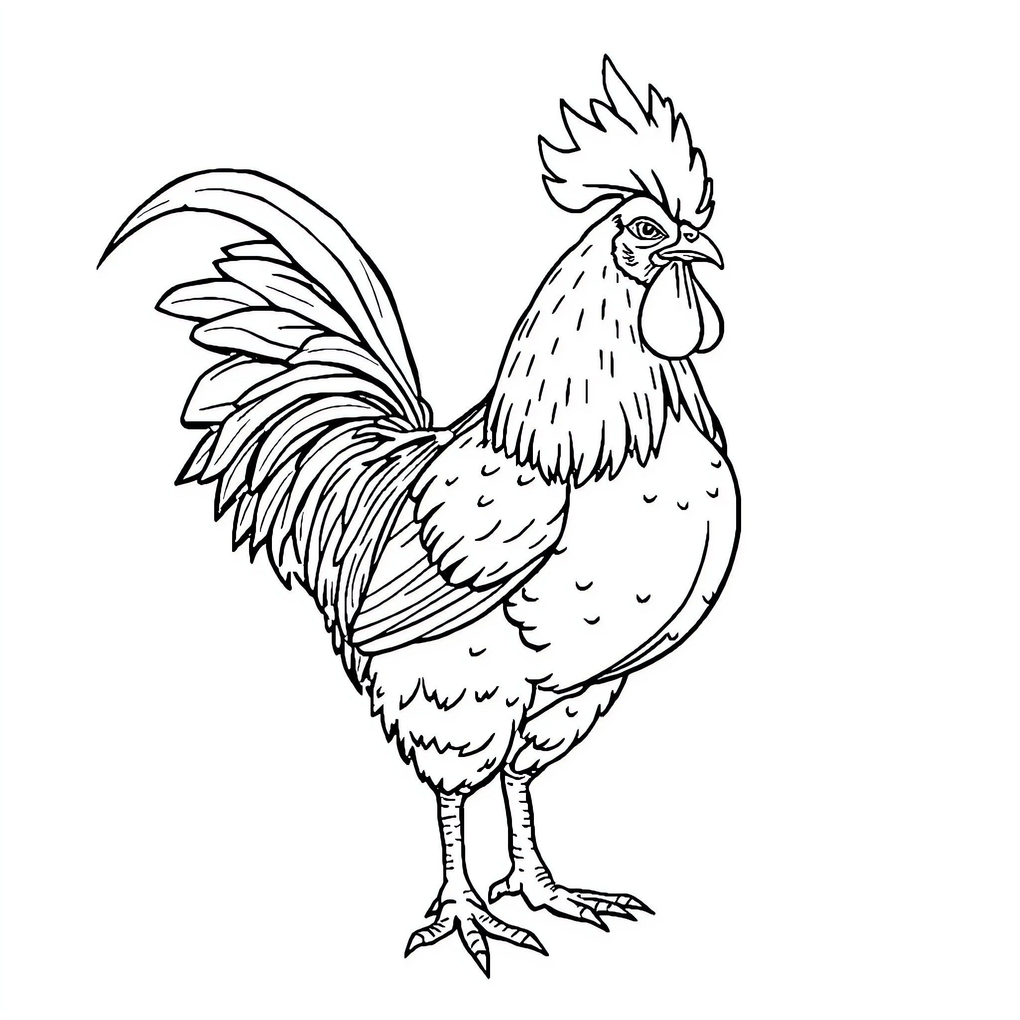 Gallo Rooster Crowing Proudly Coloring Page (free black-and-white line drawing printable PDF for all, from beginners to advanced learners, including children, teens, adults, and seniors)