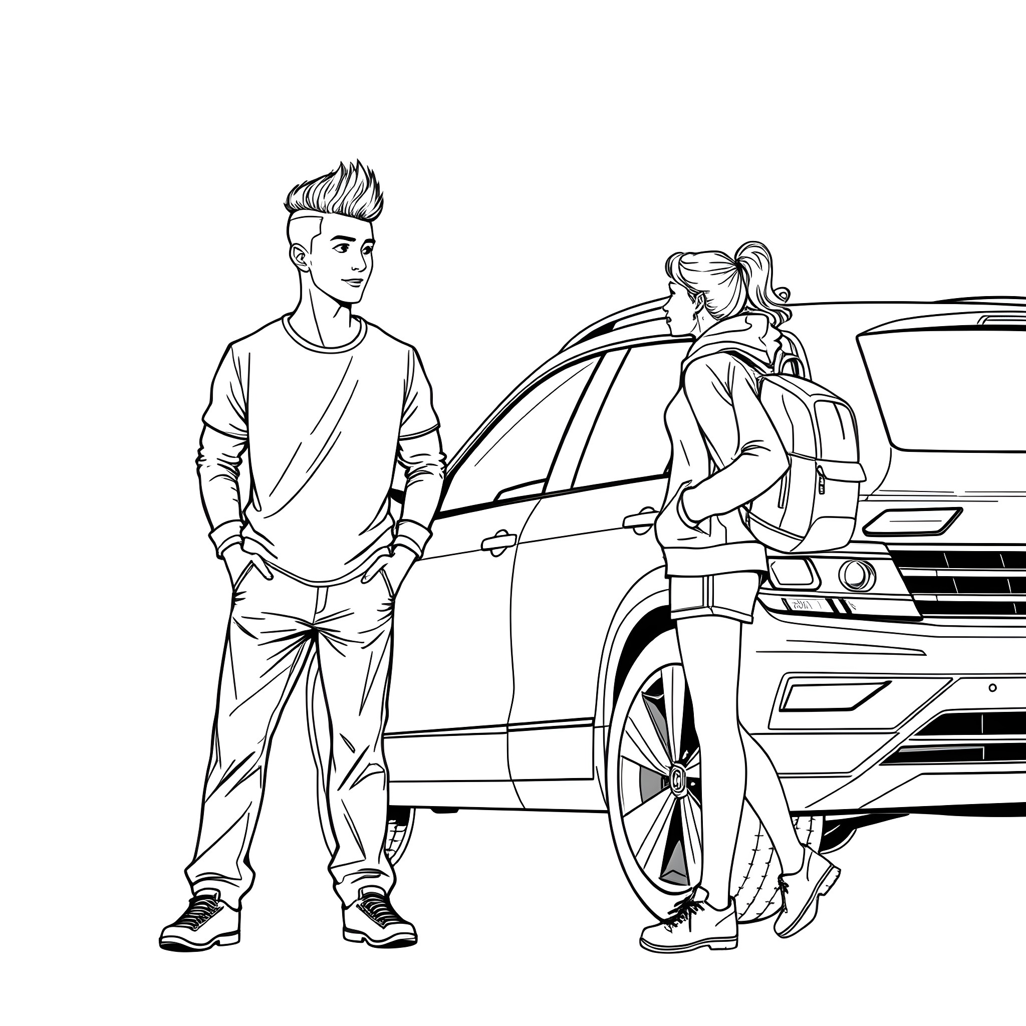 Teen couple posing in front of car Coloring Page (free black-and-white line drawing printable PDF for all, from beginners to advanced learners, including children, teens, adults, and seniors)