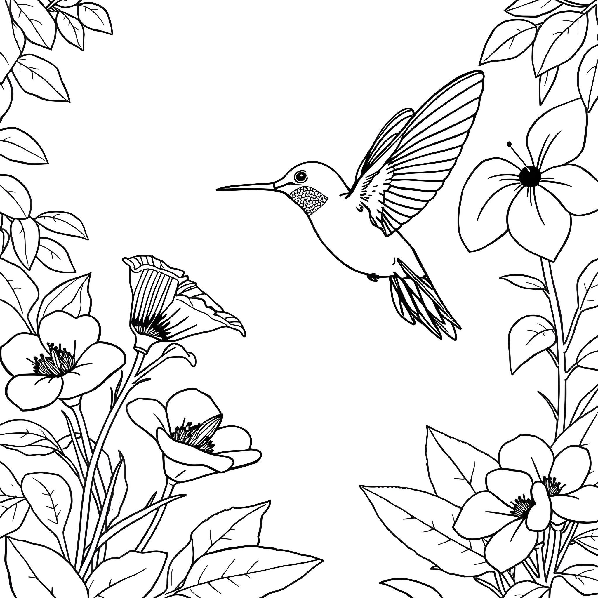 Hummingbird flying amidst floral elements Coloring Page (free black-and-white line drawing printable PDF for all, from beginners to advanced learners, including children, teens, adults, and seniors)