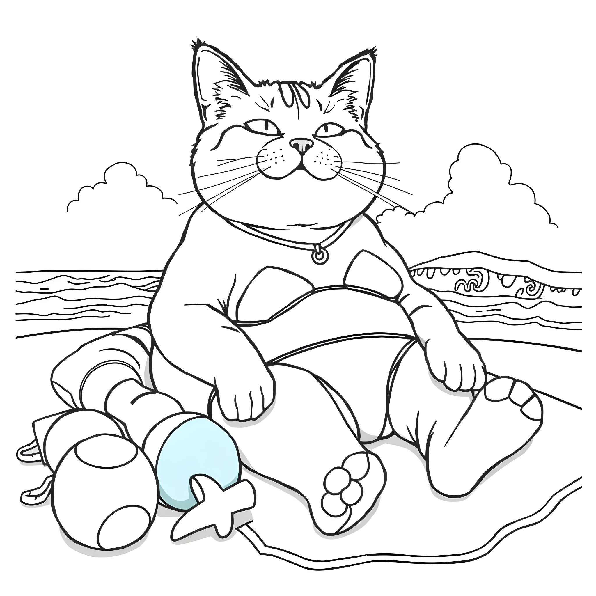 Cat relaxing on the beach Coloring Page (free black-and-white line drawing printable PDF for all, from beginners to advanced learners, including children, teens, adults, and seniors)