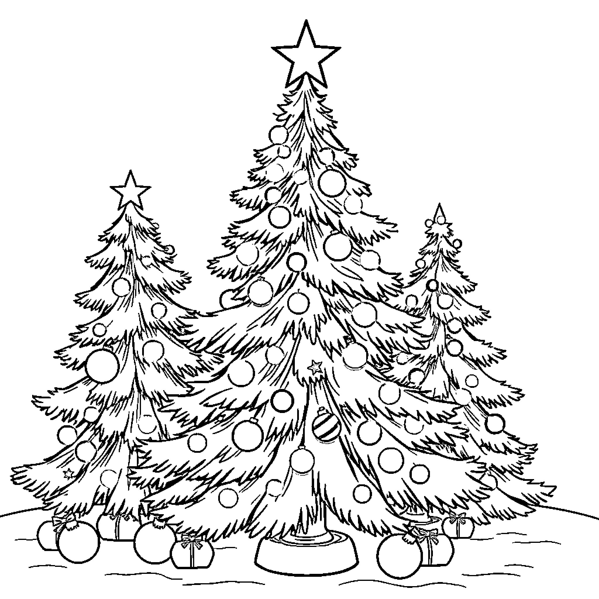 Tree Christmas celebrations with ornaments and stars Coloring Page (free black-and-white line drawing printable PDF for all, from beginners to advanced learners, including children, teens, adults, and seniors)