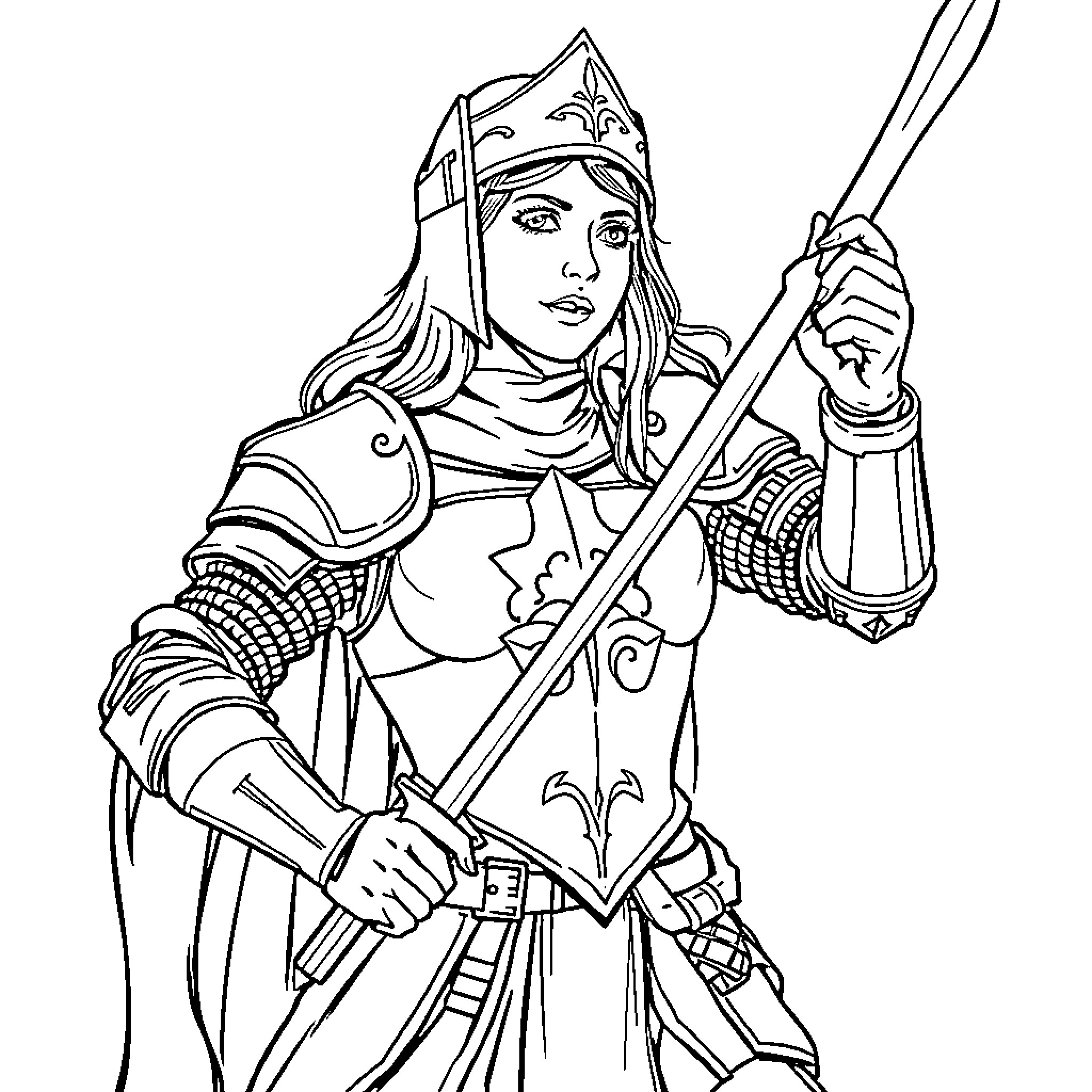 Joan Of Arc - Heroic Warrior in Battle Armor Coloring Page (free black-and-white line drawing printable PDF for all, from beginners to advanced learners, including children, teens, adults, and seniors)