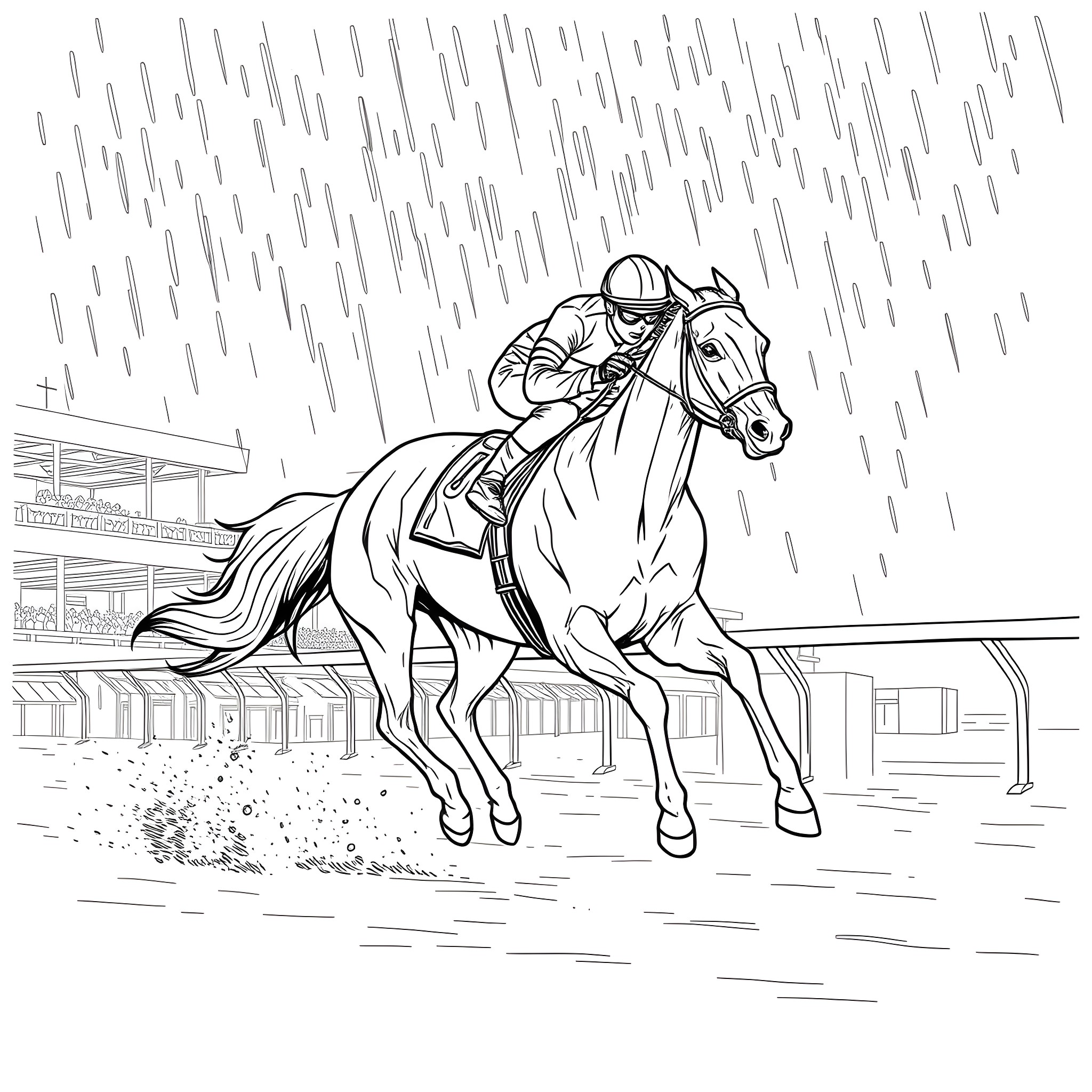 Horse Racing under the Rain Coloring Page (free black-and-white line drawing printable PDF for all, from beginners to advanced learners, including children, teens, adults, and seniors)