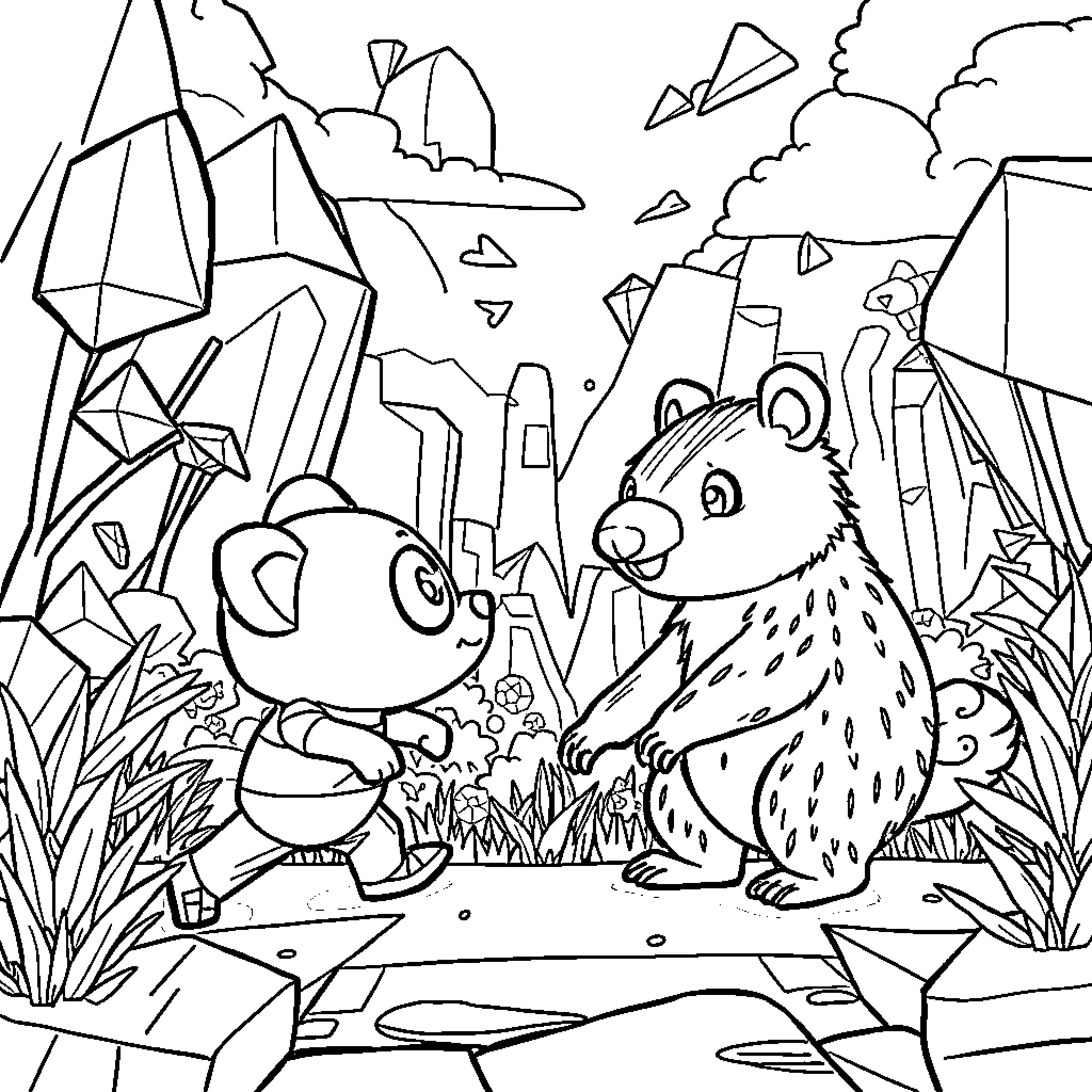 Geometry Dash Panda Explorers in the Wilderness Coloring Page (free black-and-white line drawing printable PDF for all, from beginners to advanced learners, including children, teens, adults, and seniors)