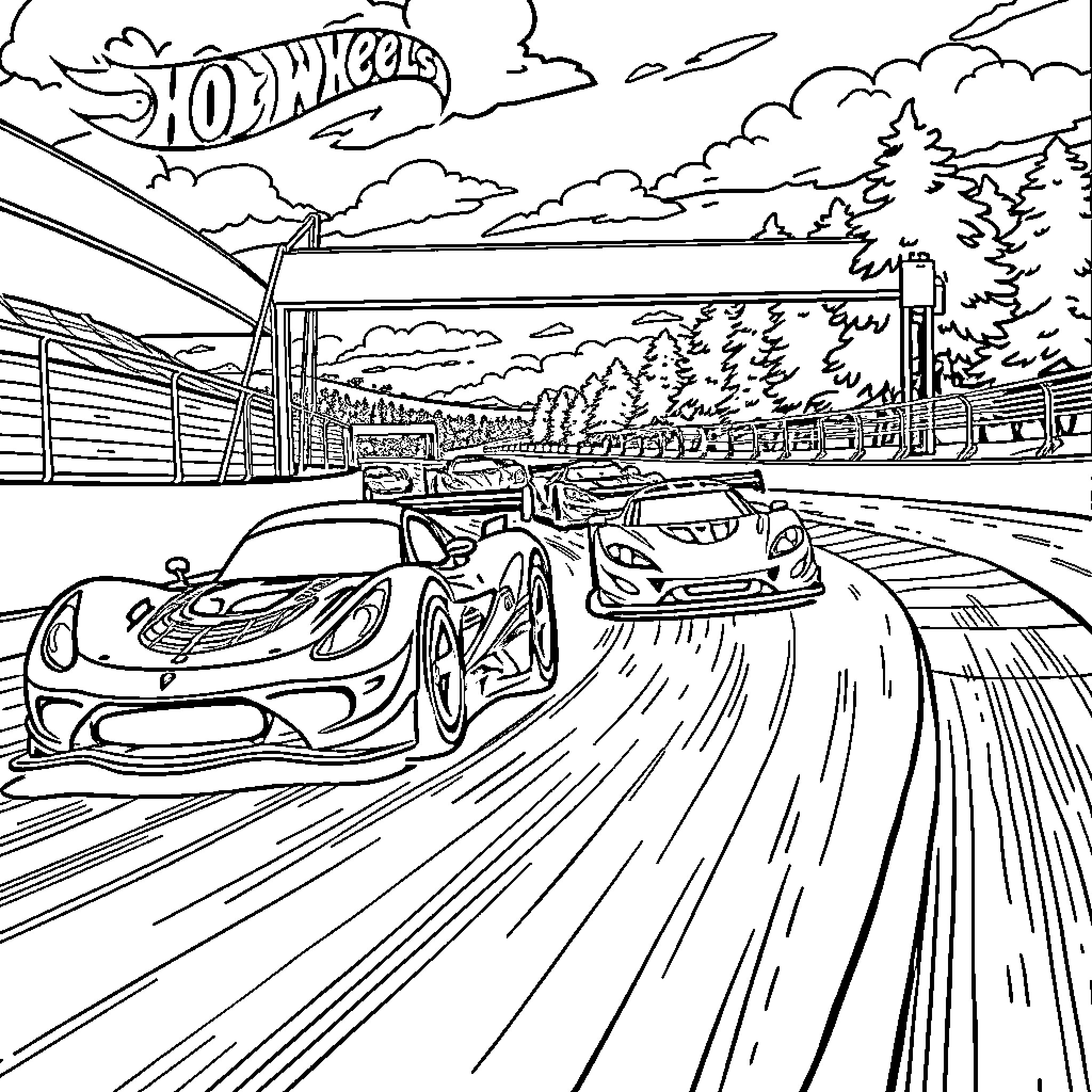 Car race on winding track with Hot Wheels logo Coloring Page (free black-and-white line drawing printable PDF for all, from beginners to advanced learners, including children, teens, adults, and seniors)