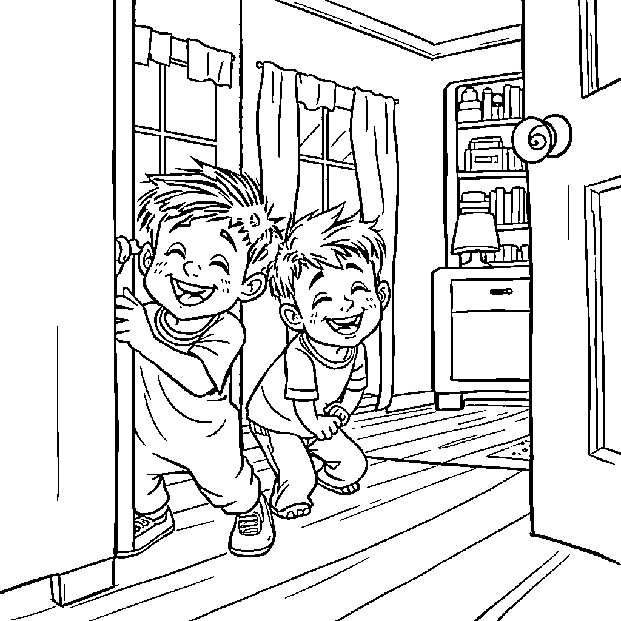 Twin brothers playing happily in the room Coloring Page (free black-and-white line drawing printable PDF for all, from beginners to advanced learners, including children, teens, adults, and seniors)