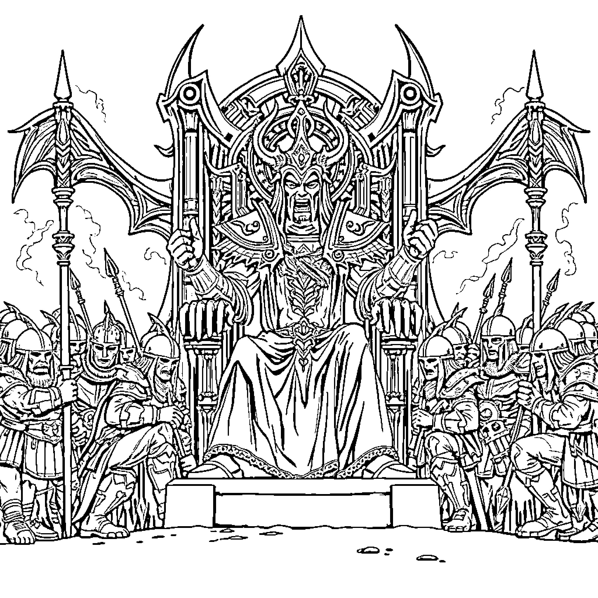 Overlord's Mighty Throne Amidst Loyal Subjects Coloring Page (free black-and-white line drawing printable PDF for all, from beginners to advanced learners, including children, teens, adults, and seniors)
