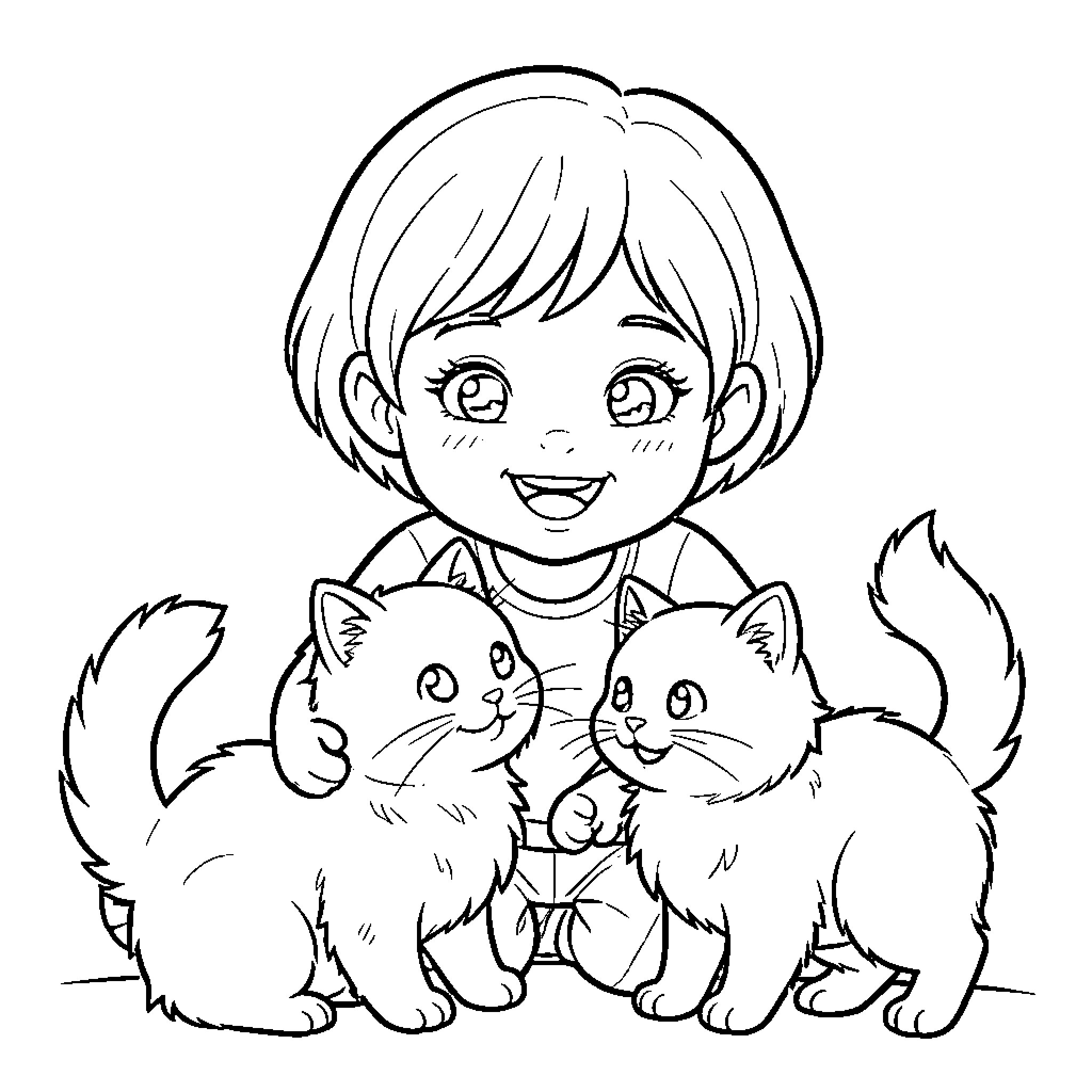 Girl playing with adorable kittens Coloring Page (free black-and-white line drawing printable PDF for all, from beginners to advanced learners, including children, teens, adults, and seniors)