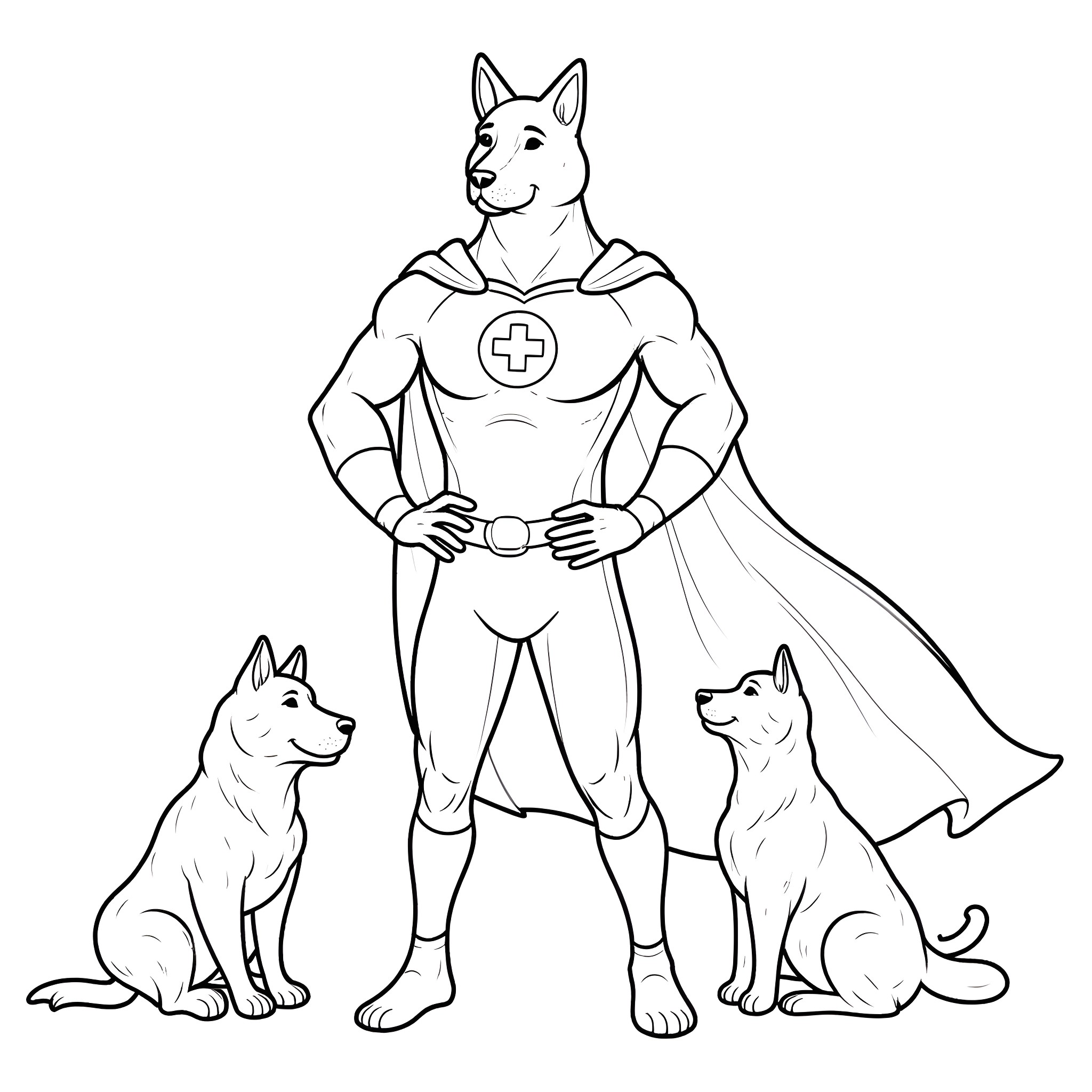 Veterinarian superhero with loyal canine companions Coloring Page (free black-and-white line drawing printable PDF for all, from beginners to advanced learners, including children, teens, adults, and seniors)