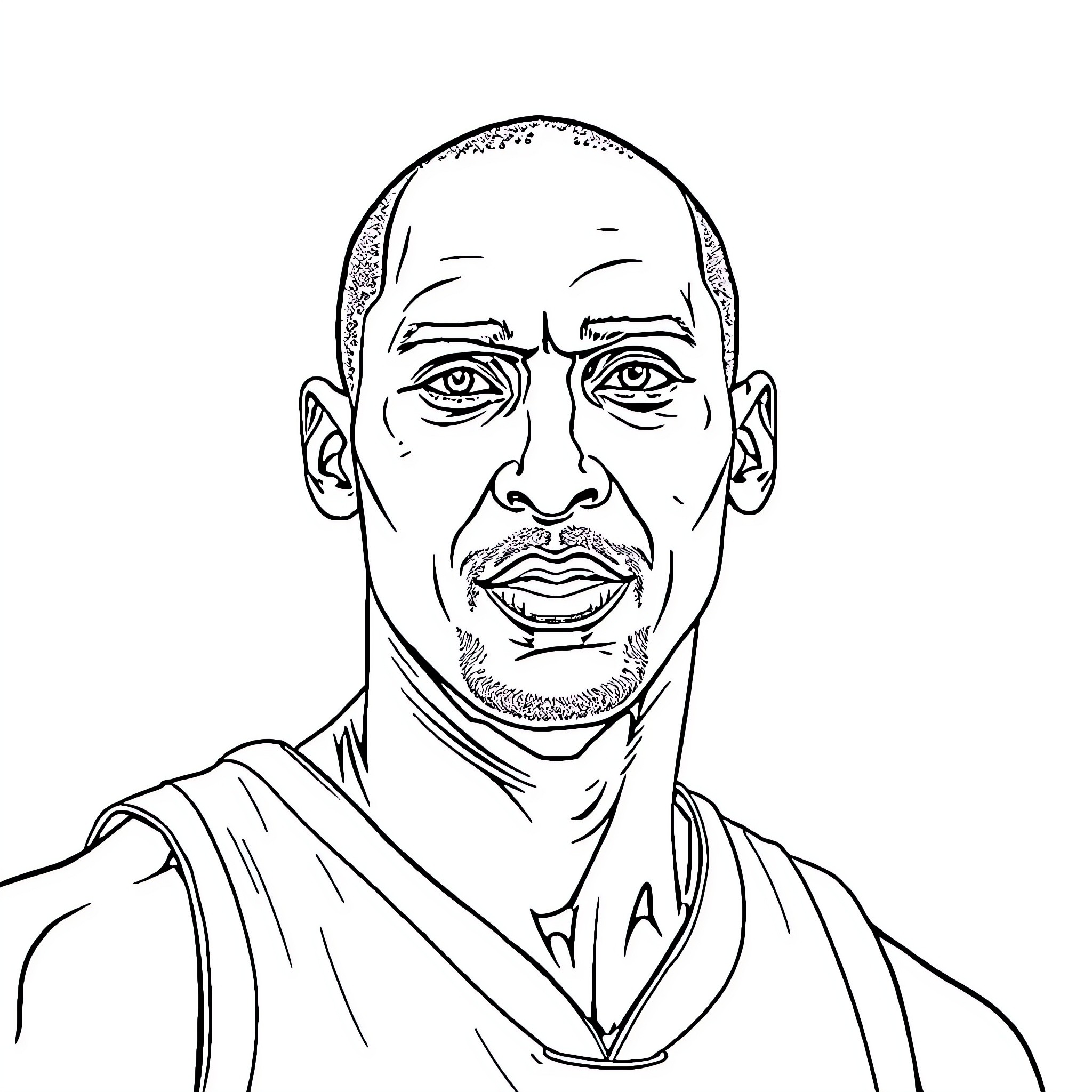Kobe - Portrait of a determined basketball player Coloring Page (free black-and-white line drawing printable PDF for all, from beginners to advanced learners, including children, teens, adults, and seniors)