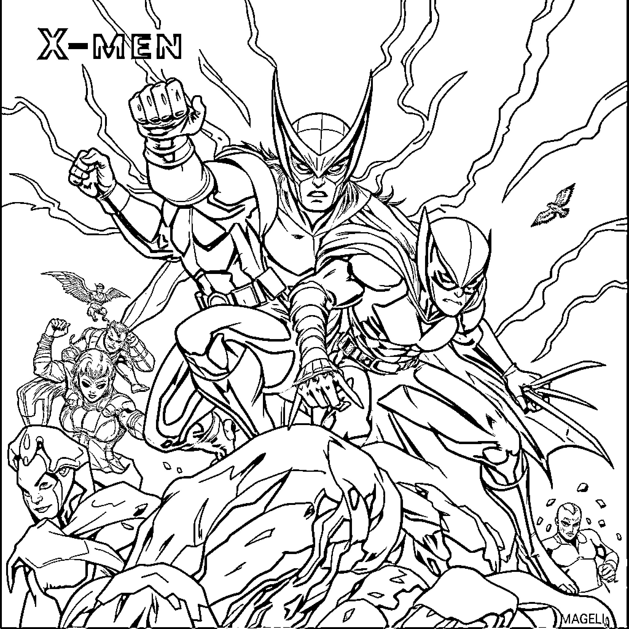 X-Men Superheroes in Action and Adventure Coloring Page (free black-and-white line drawing printable PDF for all, from beginners to advanced learners, including children, teens, adults, and seniors)