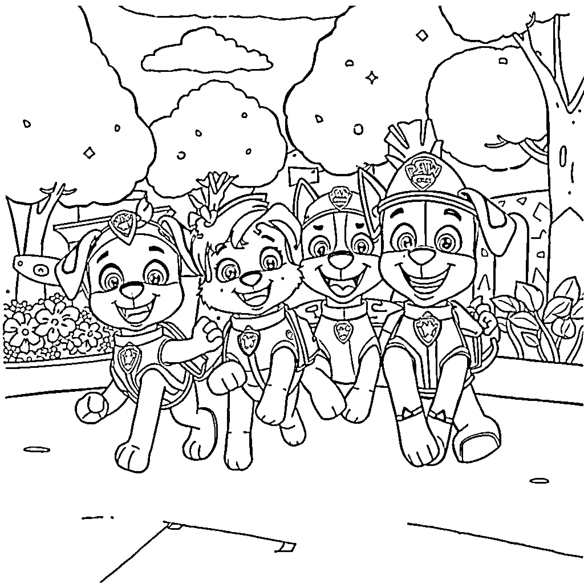 Paw Patrol characters in a whimsical outdoor scene Coloring Page (free black-and-white line drawing printable PDF for all, from beginners to advanced learners, including children, teens, adults, and seniors)