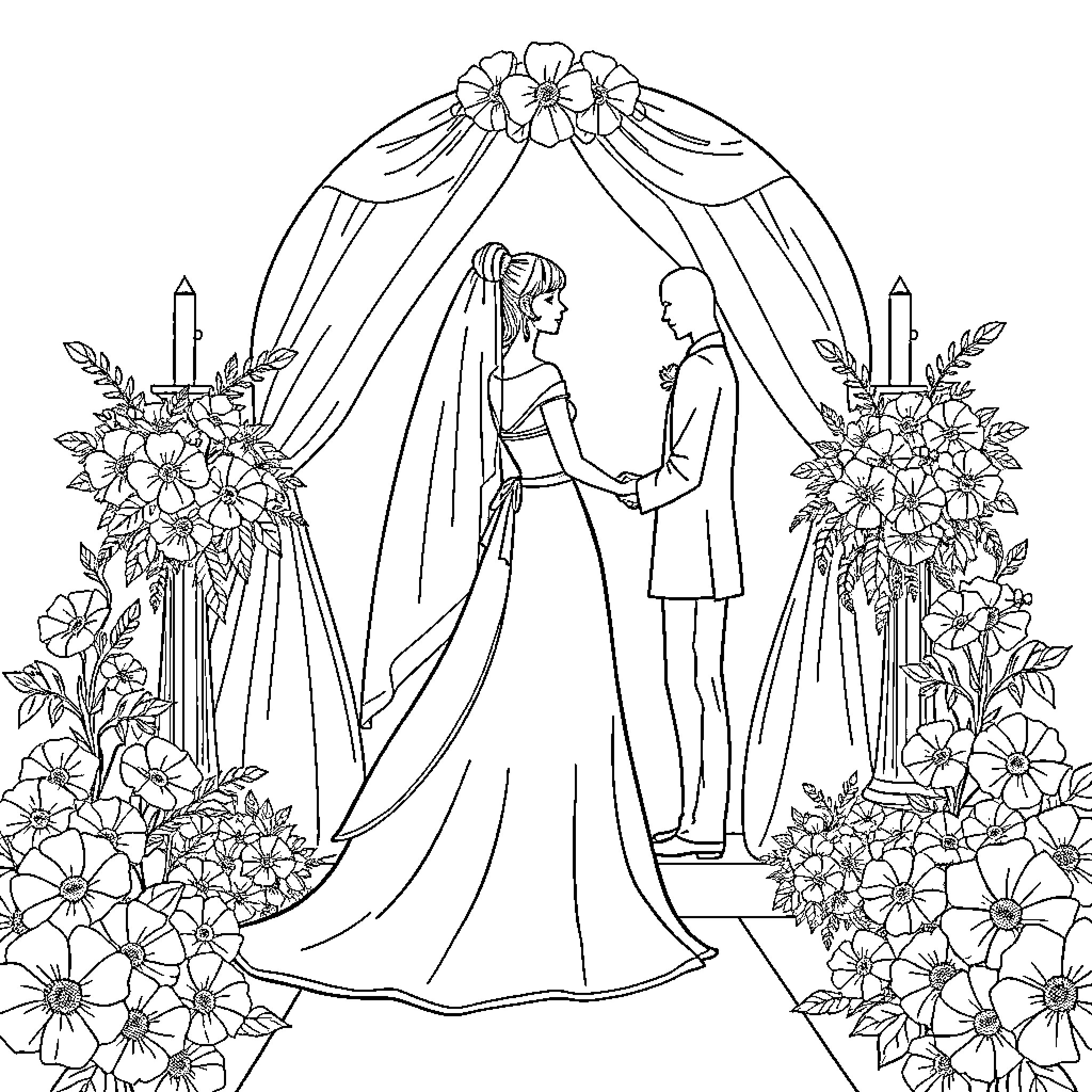 Freya's Floral Fairytale Wedding Coloring Page (free black-and-white line drawing printable PDF for all, from beginners to advanced learners, including children, teens, adults, and seniors)