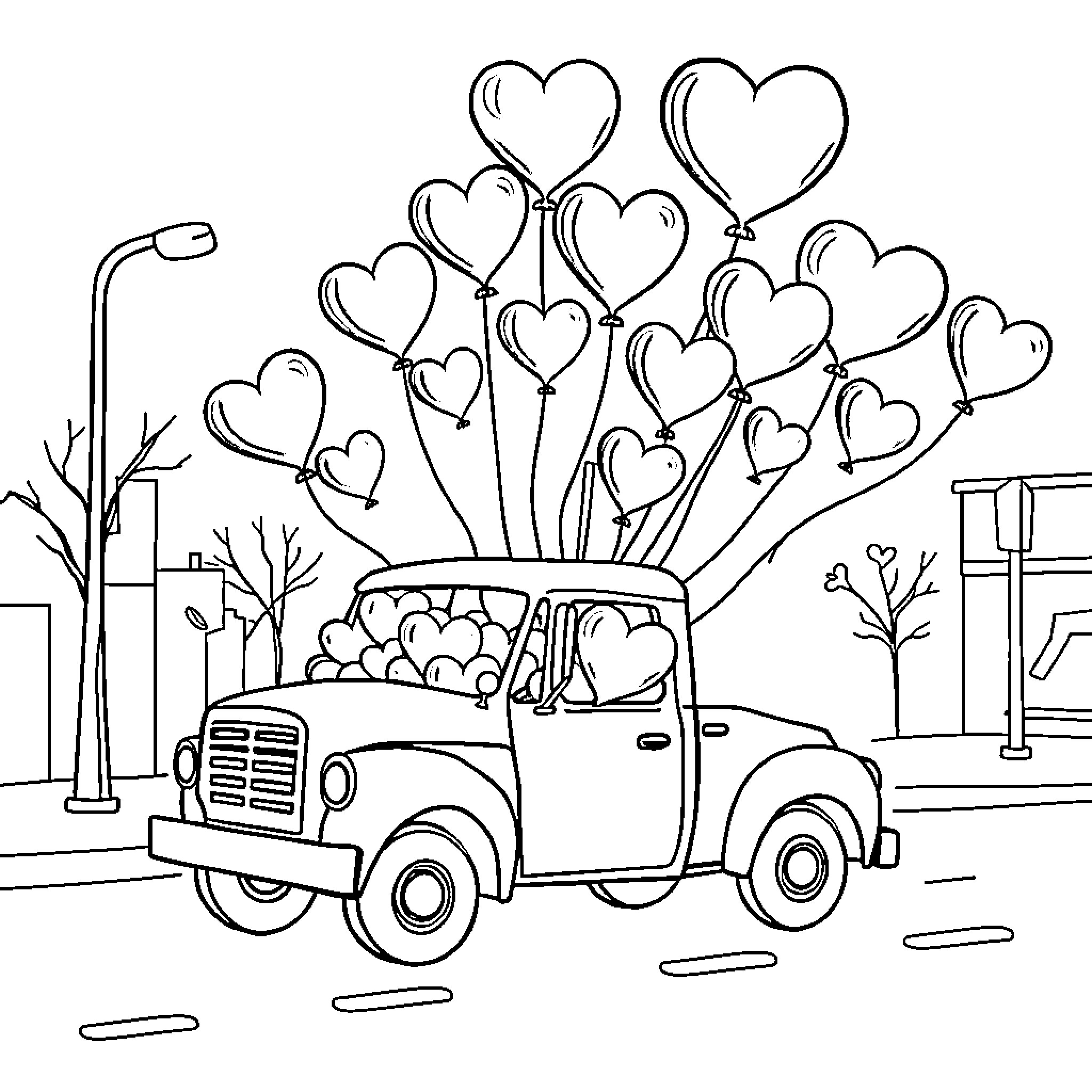Truck Filled with Heart-Shaped Balloons in the City Coloring Page (free black-and-white line drawing printable PDF for all, from beginners to advanced learners, including children, teens, adults, and seniors)