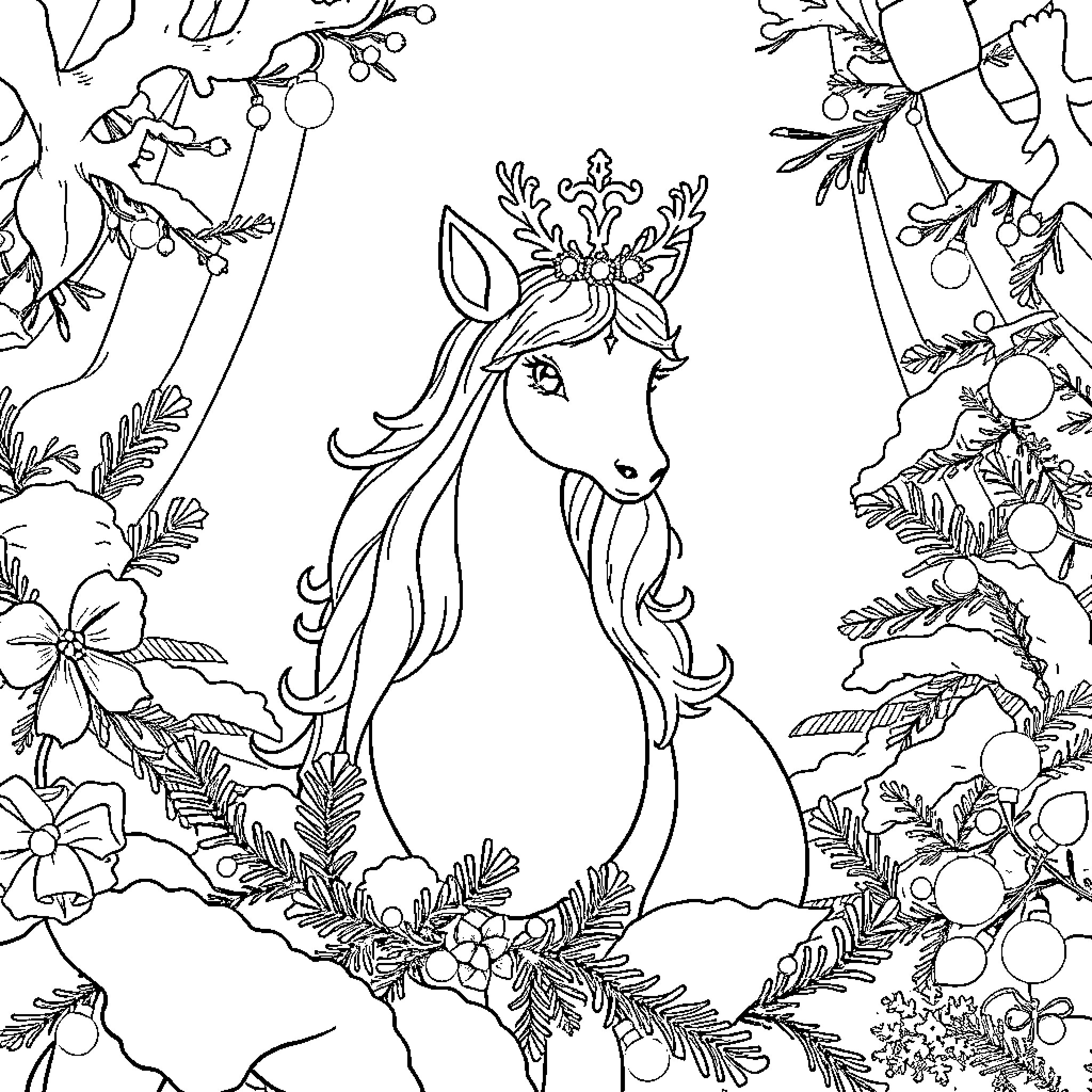 Snow Queen surrounded by winter flora Coloring Page (free black-and-white line drawing printable PDF for all, from beginners to advanced learners, including children, teens, adults, and seniors)