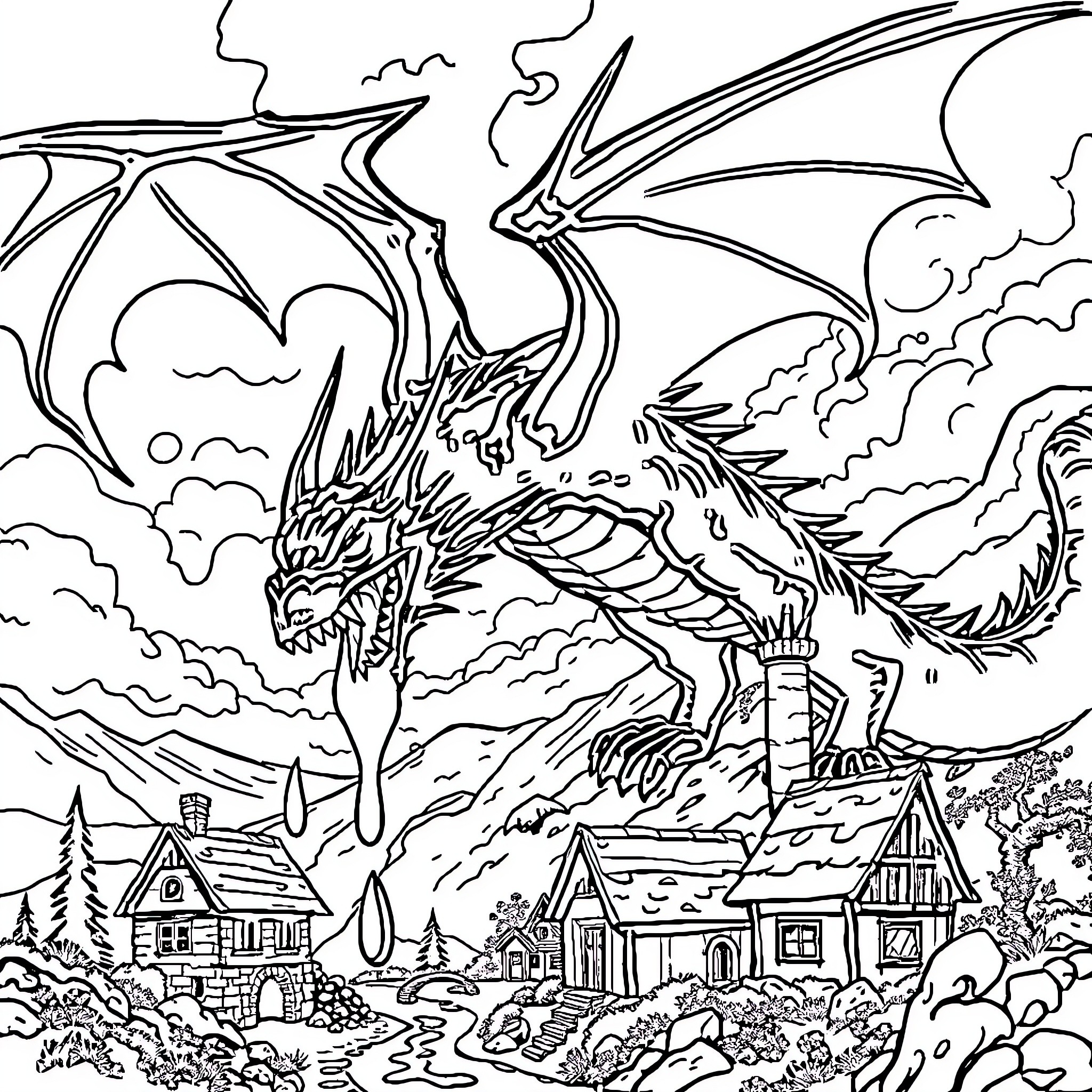 Dragon soaring over a rural town Coloring Page (free black-and-white line drawing printable PDF for all, from beginners to advanced learners, including children, teens, adults, and seniors)