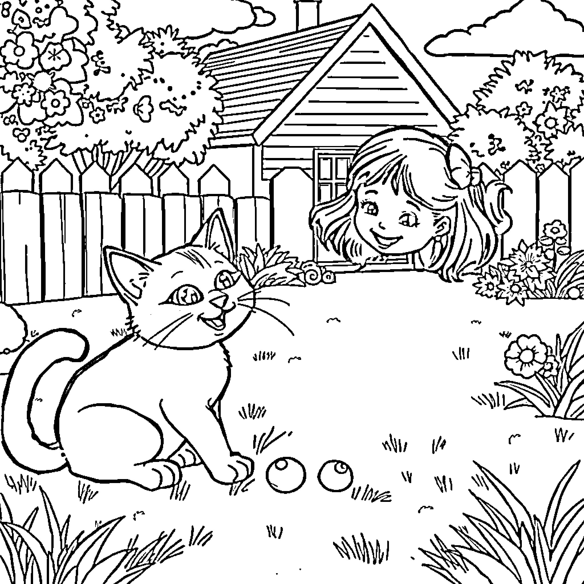 Cat and girl playing outdoors in the yard Coloring Page (free black-and-white line drawing printable PDF for all, from beginners to advanced learners, including children, teens, adults, and seniors)