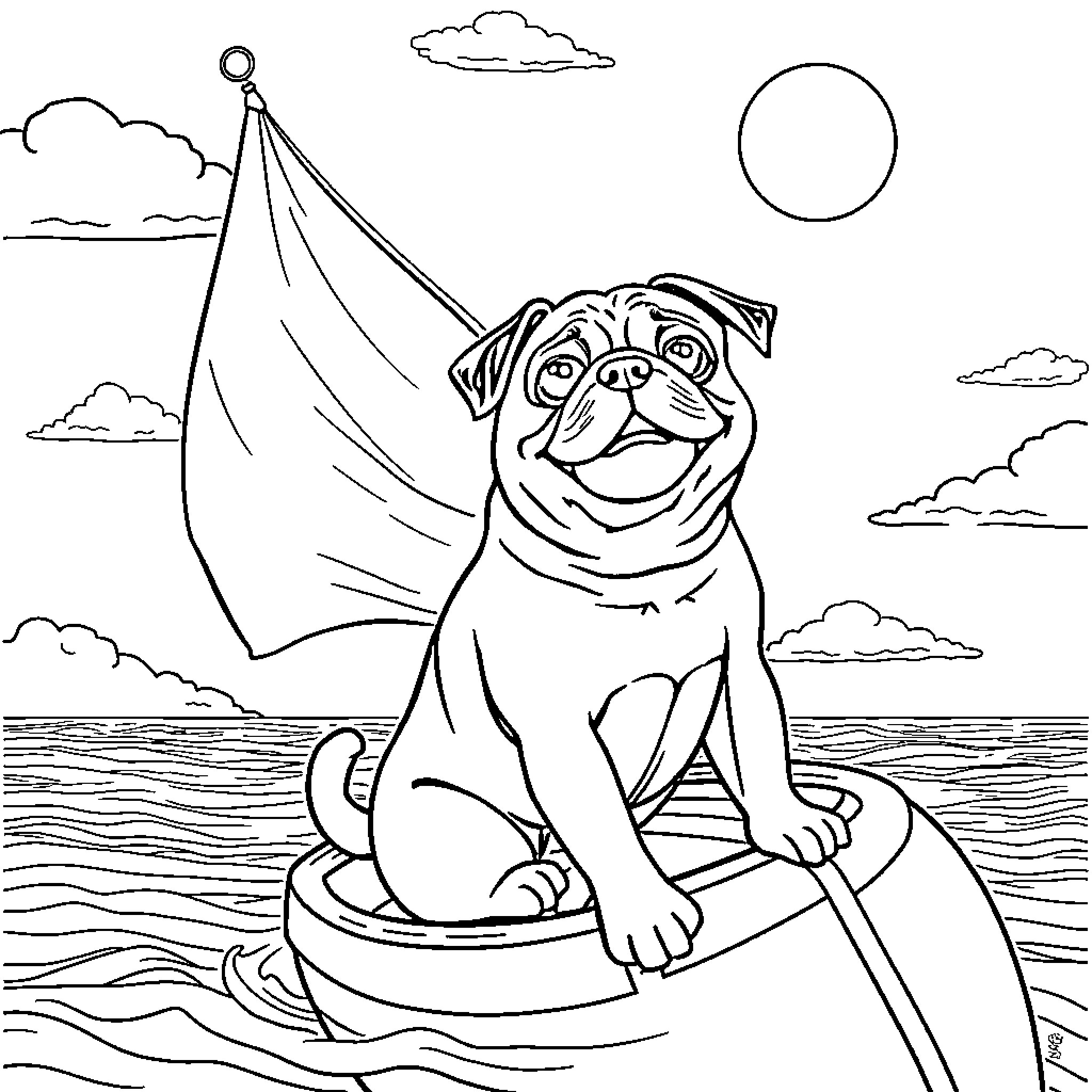 Pug sailing on a boat in the ocean Coloring Page (free black-and-white line drawing printable PDF for all, from beginners to advanced learners, including children, teens, adults, and seniors)