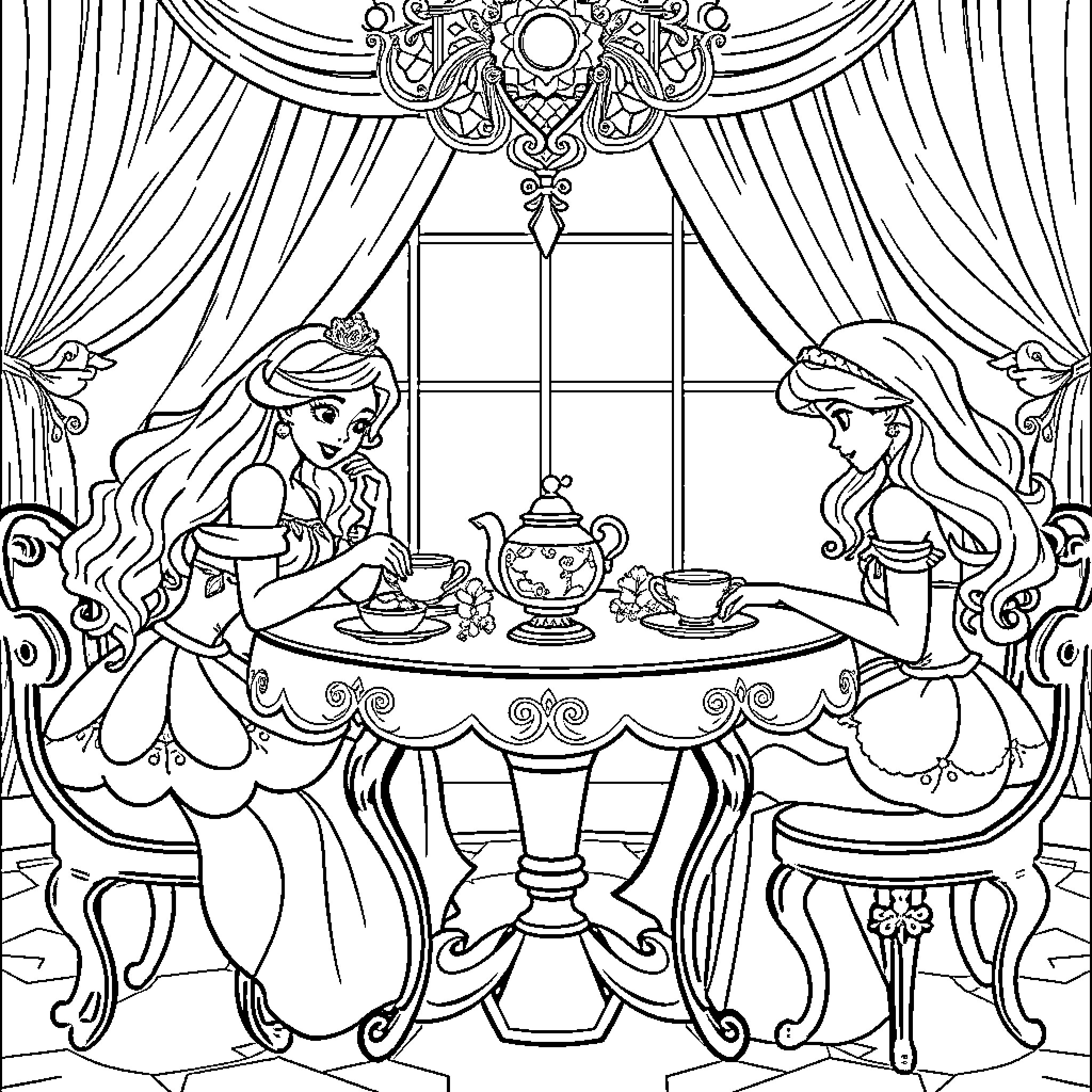 Princess Enjoying Tea Time with Friend Coloring Page (free black-and-white line drawing printable PDF for all, from beginners to advanced learners, including children, teens, adults, and seniors)