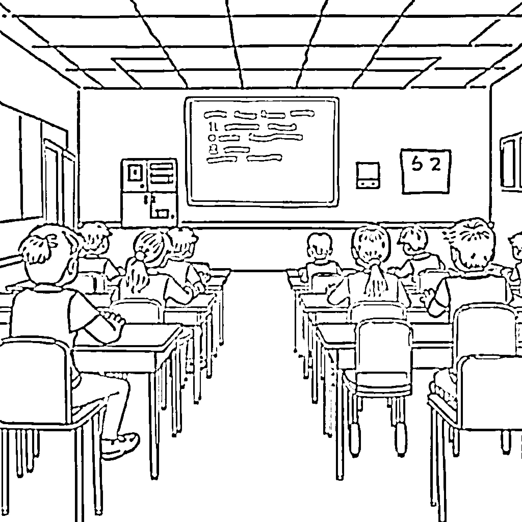 School Classroom with Students Attentively Learning Coloring Page (free black-and-white line drawing printable PDF for all, from beginners to advanced learners, including children, teens, adults, and seniors)