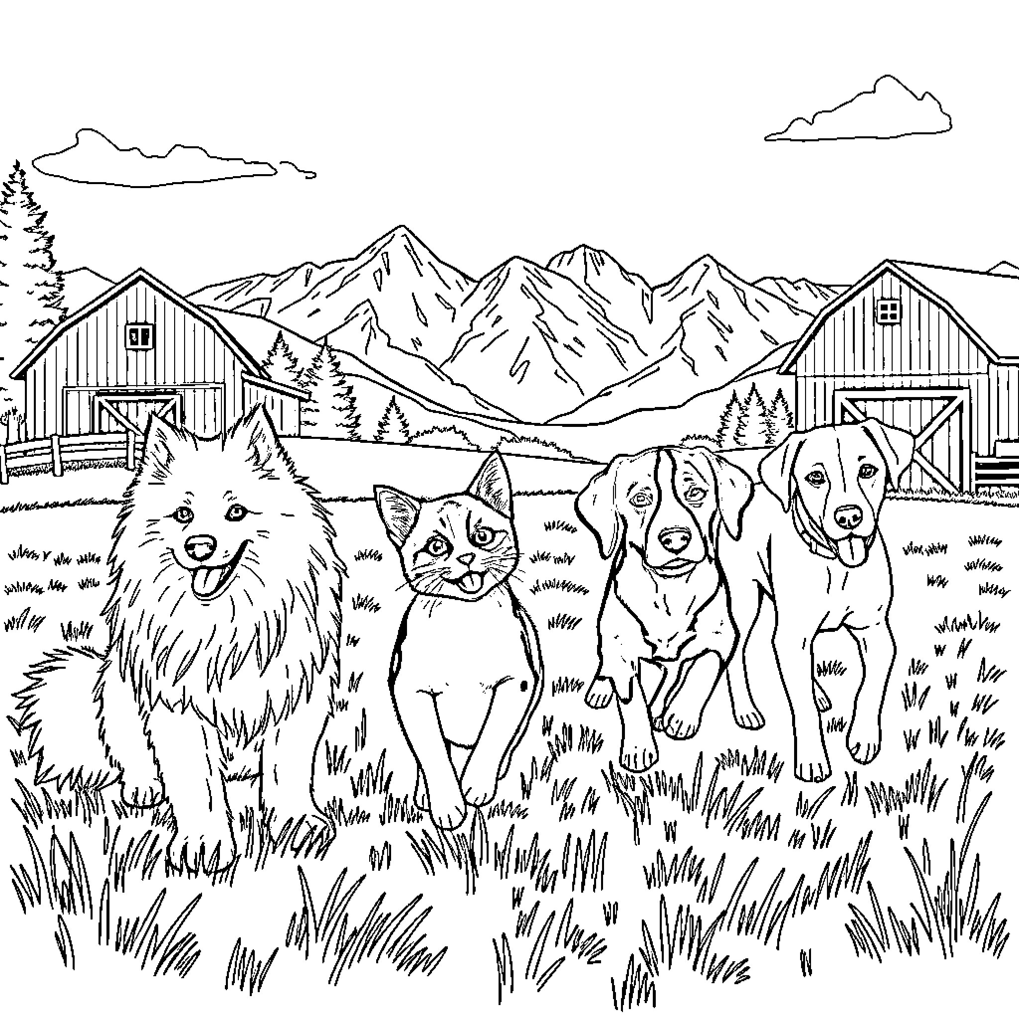 Dog friends playing in the countryside Coloring Page (free black-and-white line drawing printable PDF for all, from beginners to advanced learners, including children, teens, adults, and seniors)
