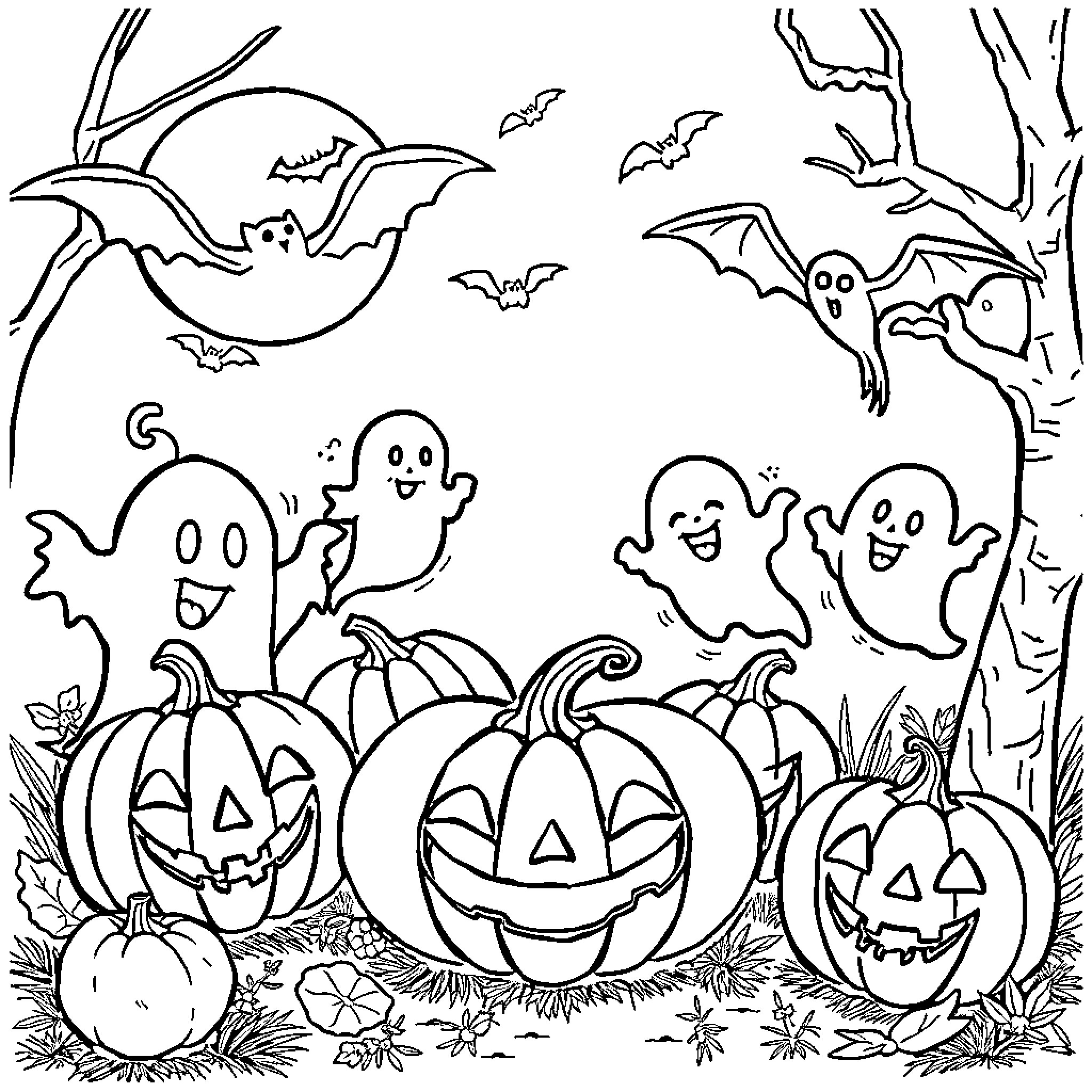 Halloween scene with pumpkins and ghosts Coloring Page (free black-and-white line drawing printable PDF for all, from beginners to advanced learners, including children, teens, adults, and seniors)
