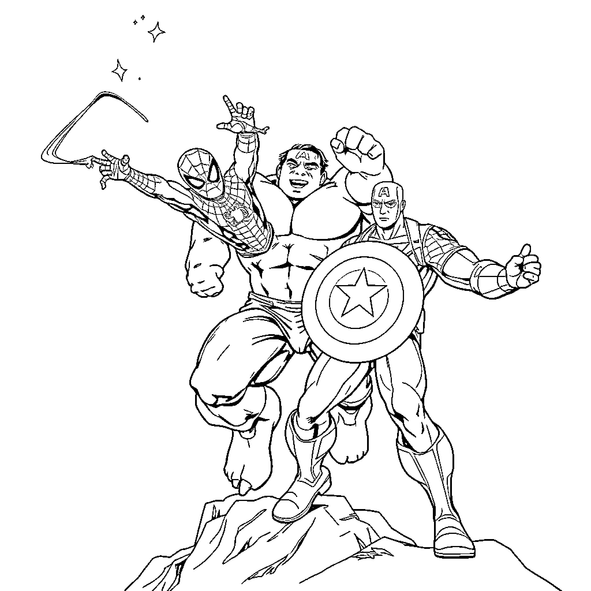 Spiderman and superhero friends in action pose Coloring Page (free black-and-white line drawing printable PDF for all, from beginners to advanced learners, including children, teens, adults, and seniors)