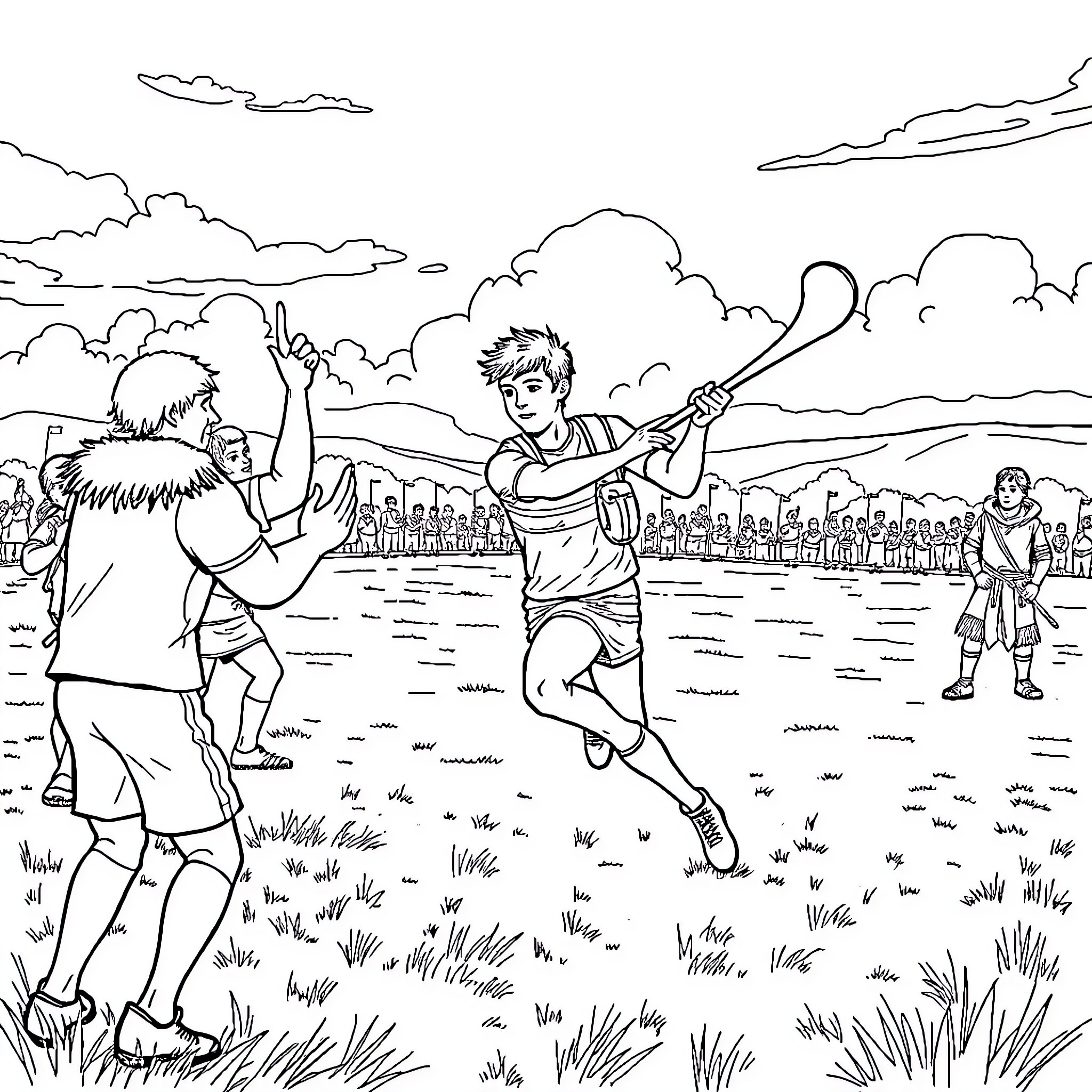 Fionn Maccumhaill's heroic battle in a grassy field Coloring Page (free black-and-white line drawing printable PDF for all, from beginners to advanced learners, including children, teens, adults, and seniors)