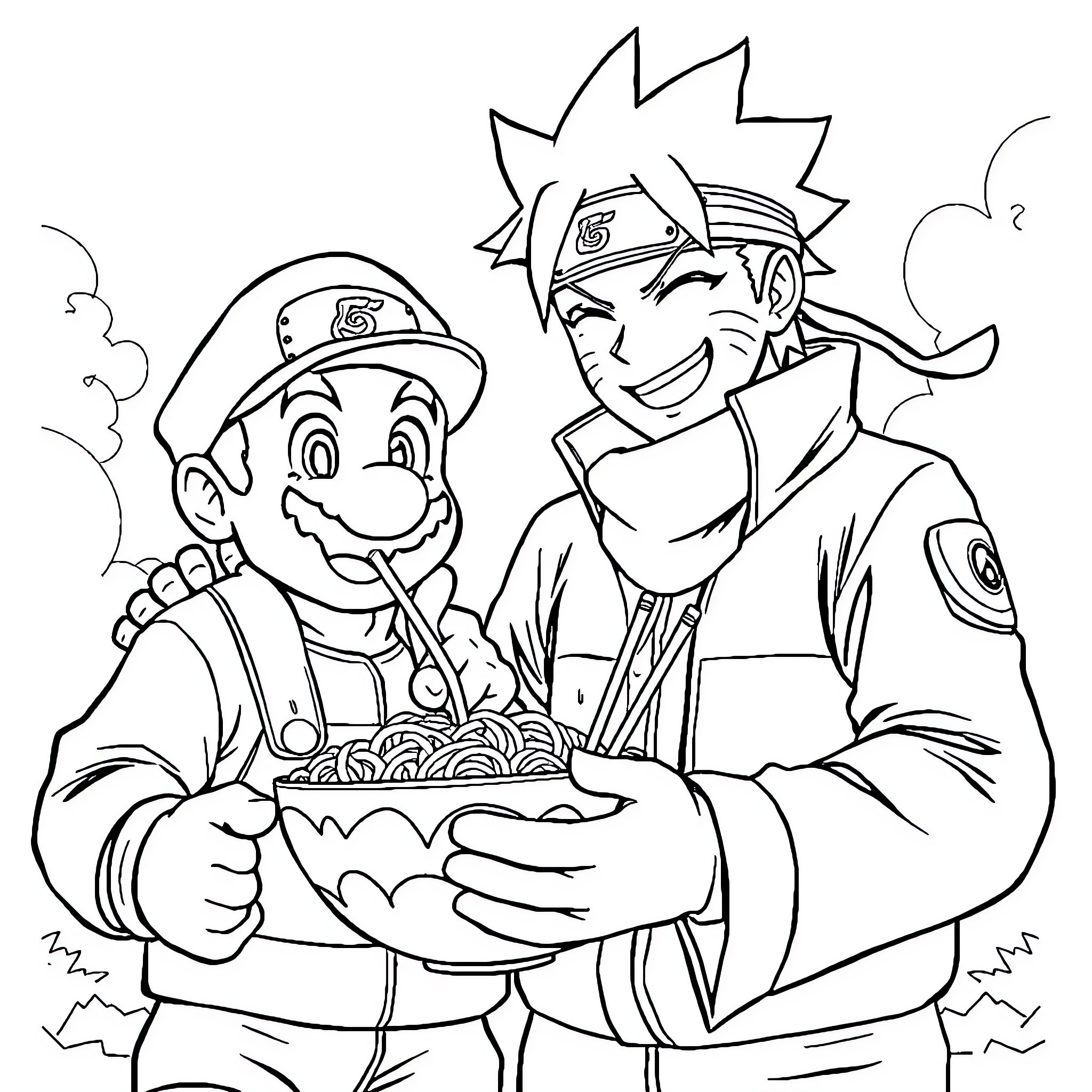 Naruto and Mario sharing ramen noodles Coloring Page (free black-and-white line drawing printable PDF for all, from beginners to advanced learners, including children, teens, adults, and seniors)