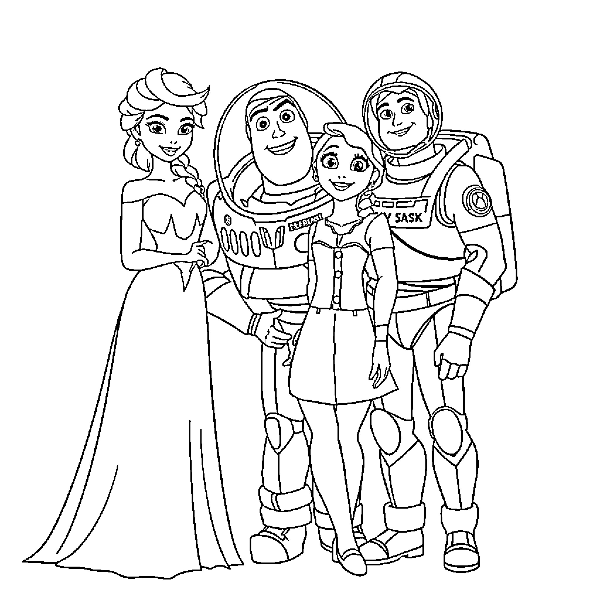 Friend's Animated Family Adventure Coloring Page (free black-and-white line drawing printable PDF for all, from beginners to advanced learners, including children, teens, adults, and seniors)