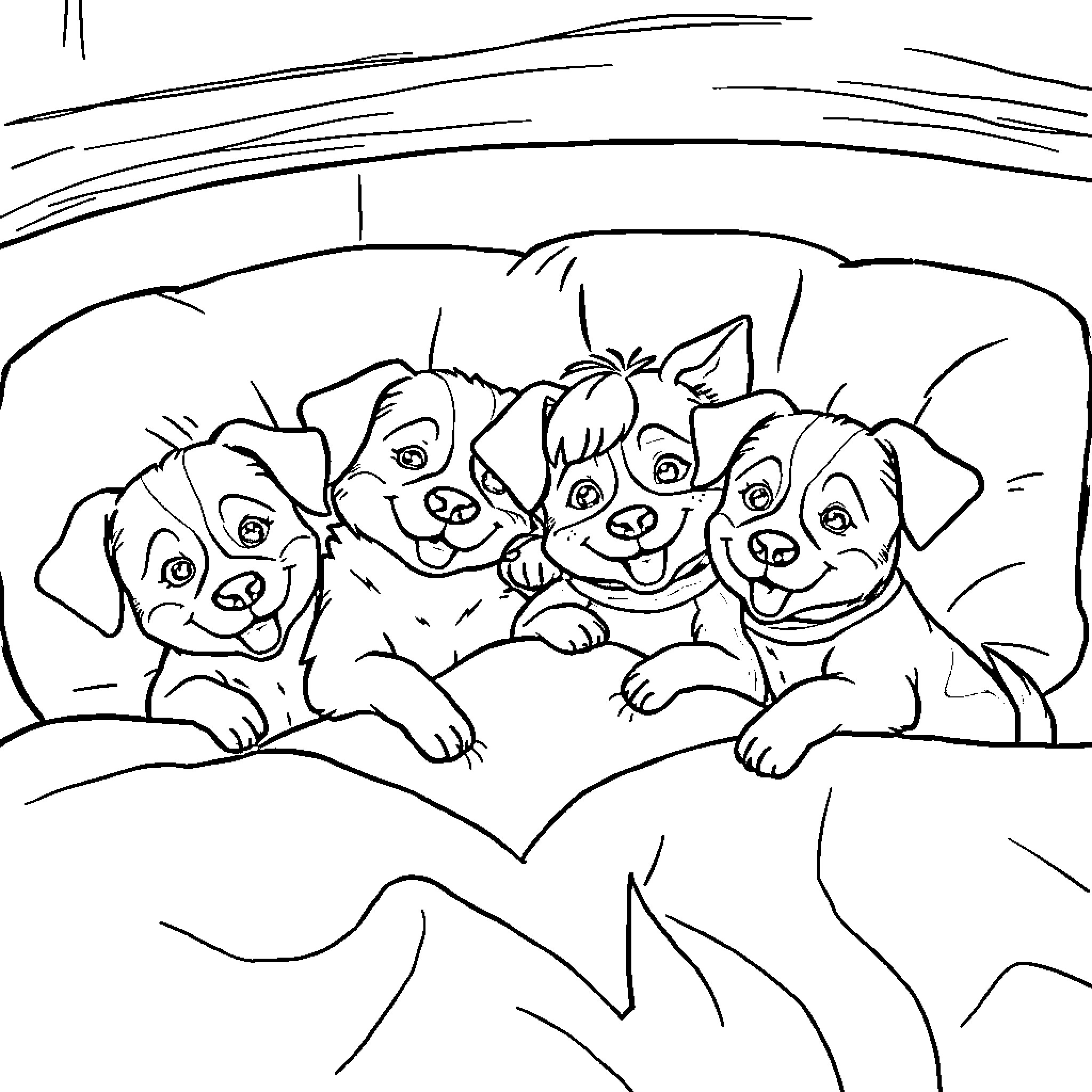 Dog friends relaxing on a couch Coloring Page (free black-and-white line drawing printable PDF for all, from beginners to advanced learners, including children, teens, adults, and seniors)