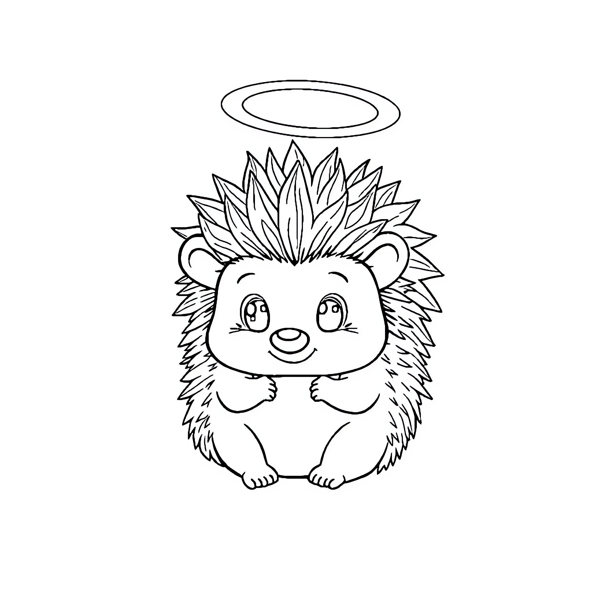 Hedgehog angel with halo and cute expression Coloring Page (free black-and-white line drawing printable PDF for all, from beginners to advanced learners, including children, teens, adults, and seniors)