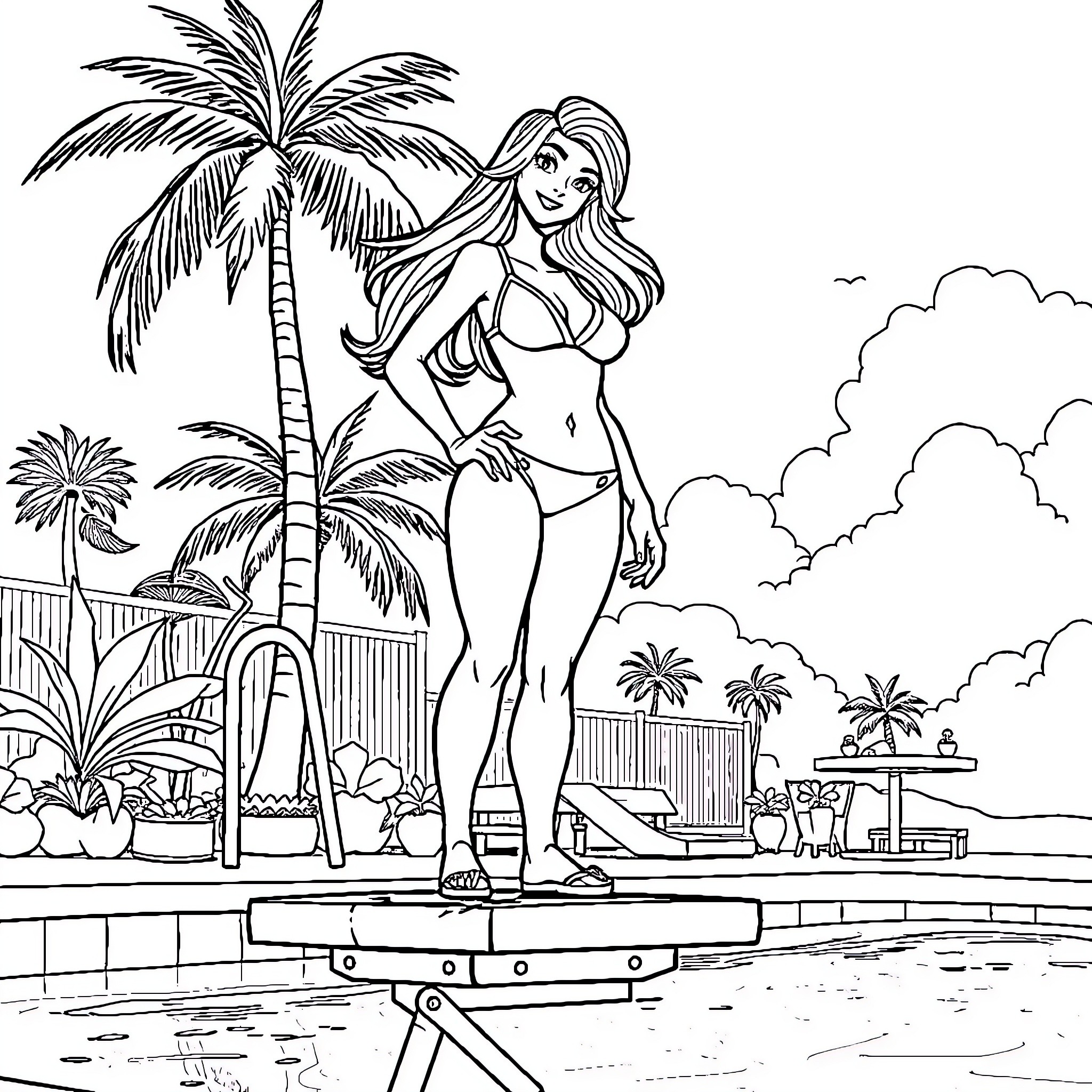Janna enjoying a sunny day at the pool Coloring Page (free black-and-white line drawing printable PDF for all, from beginners to advanced learners, including children, teens, adults, and seniors)