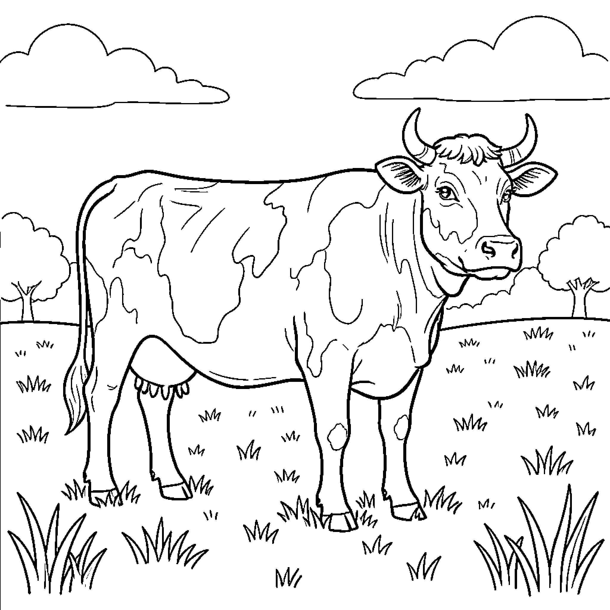 Cow standing in a grassy field Coloring Page (free black-and-white line drawing printable PDF for all, from beginners to advanced learners, including children, teens, adults, and seniors)