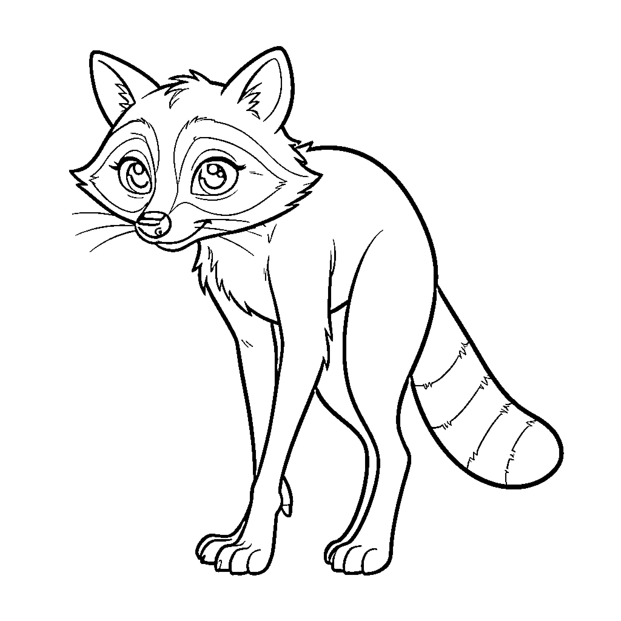 Raccoon standing and looking towards the camera Coloring Page (free black-and-white line drawing printable PDF for all, from beginners to advanced learners, including children, teens, adults, and seniors)