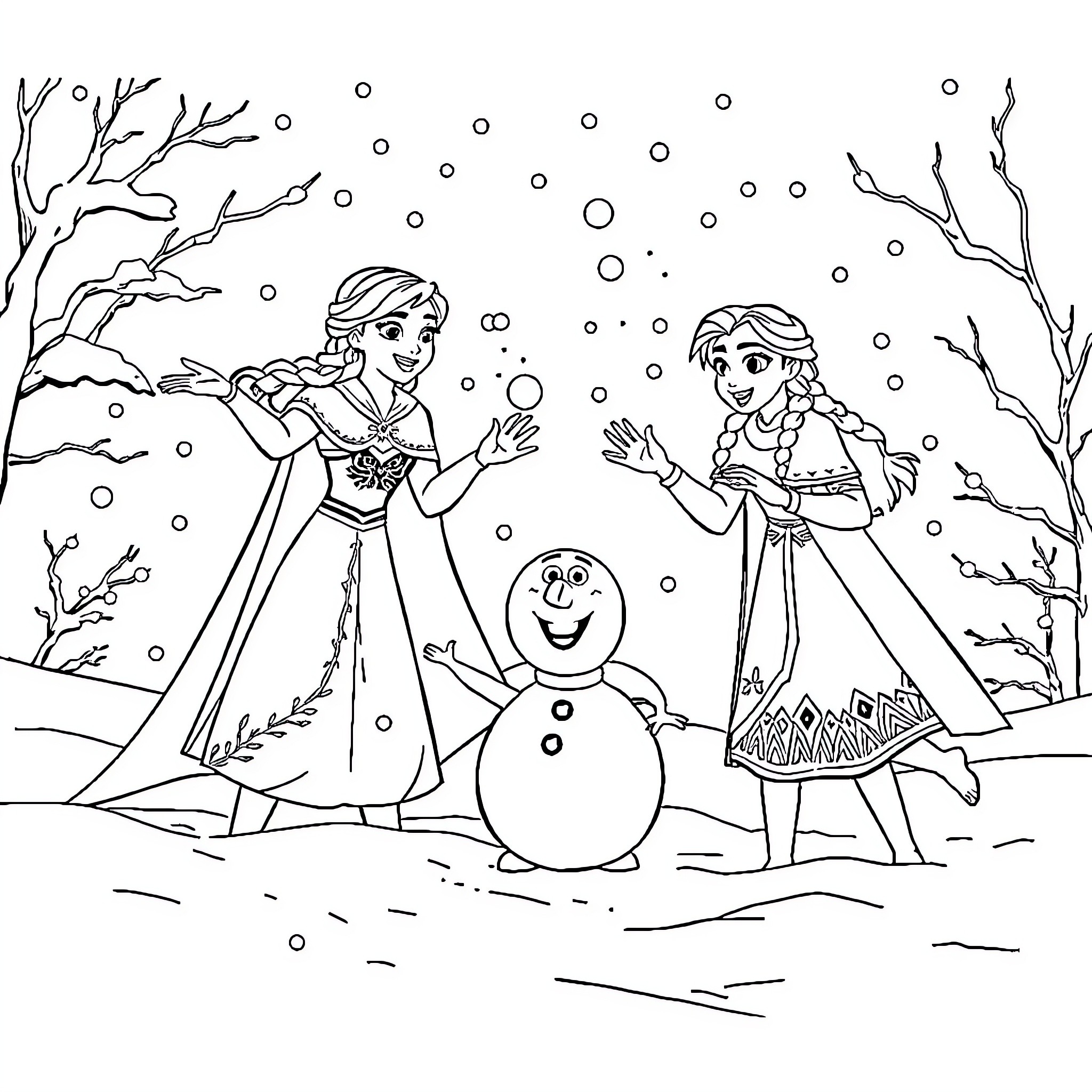 Elsa and Anna building a snowman in the winter wonderland Coloring Page (free black-and-white line drawing printable PDF for all, from beginners to advanced learners, including children, teens, adults, and seniors)