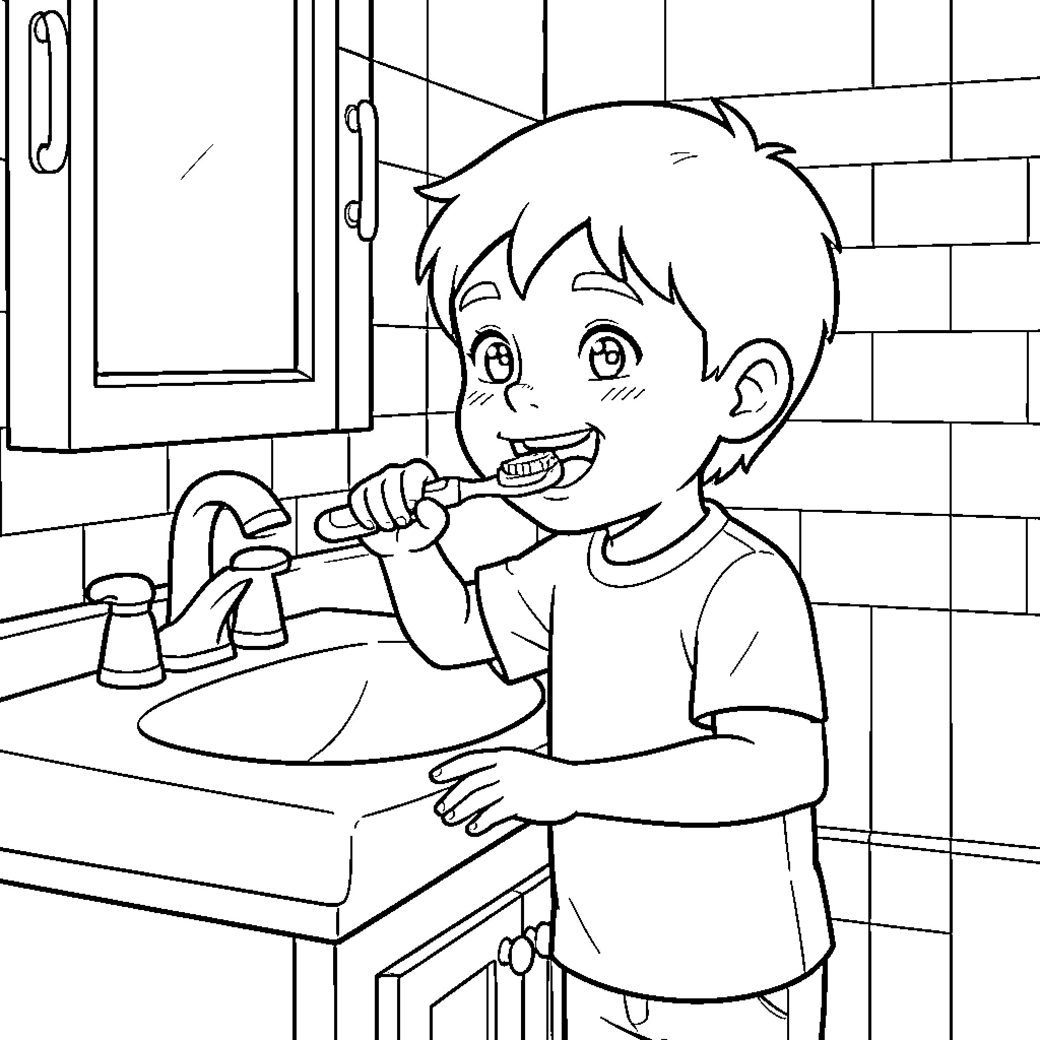 Boy brushing his teeth in the bathroom Coloring Page (free black-and-white line drawing printable PDF for all, from beginners to advanced learners, including children, teens, adults, and seniors)